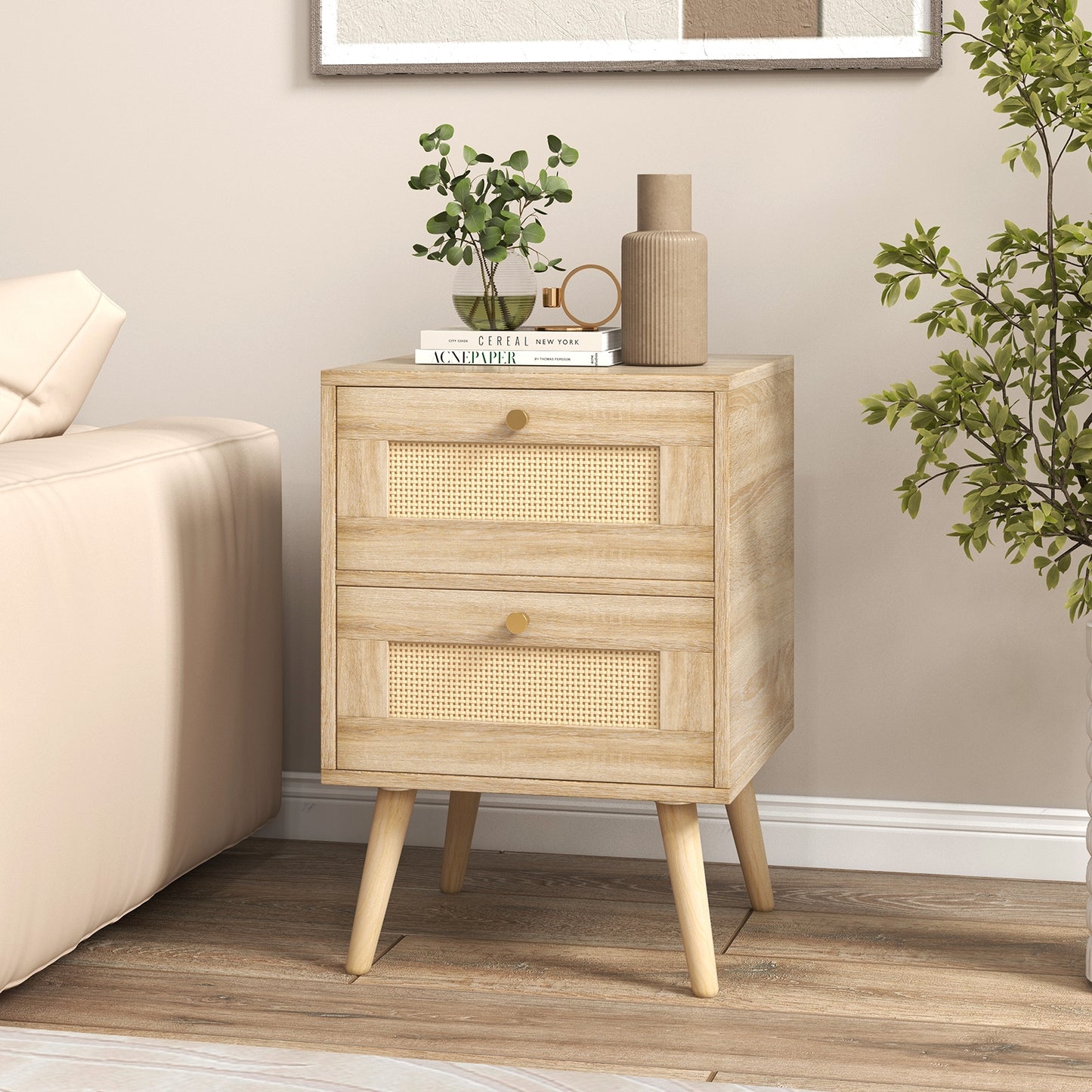 Boho Rattan Nightstand with 2 Drawers and Wood Legs Bedside Table
