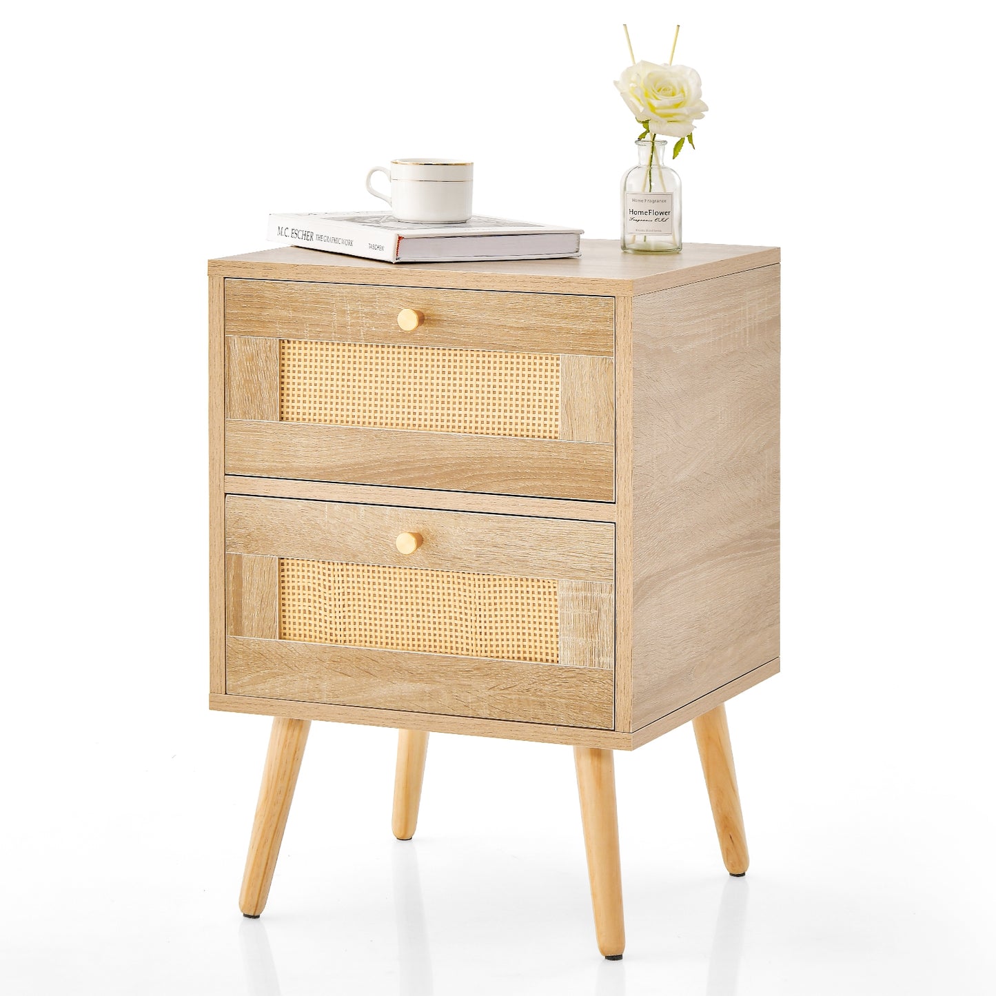 Boho Rattan Nightstand with 2 Drawers and Wood Legs Bedside Table