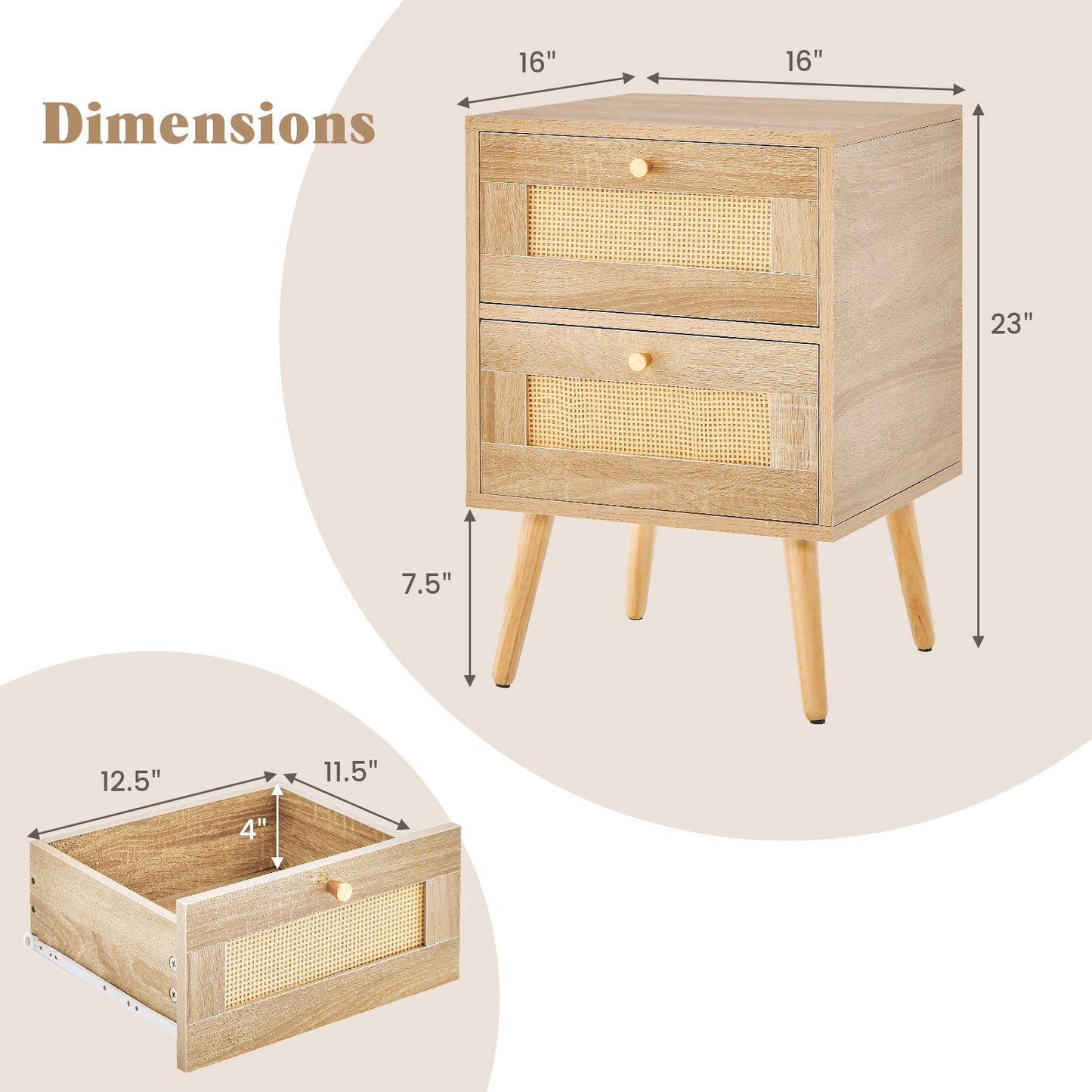 Boho Rattan Nightstand with 2 Drawers and Wood Legs Bedside Table