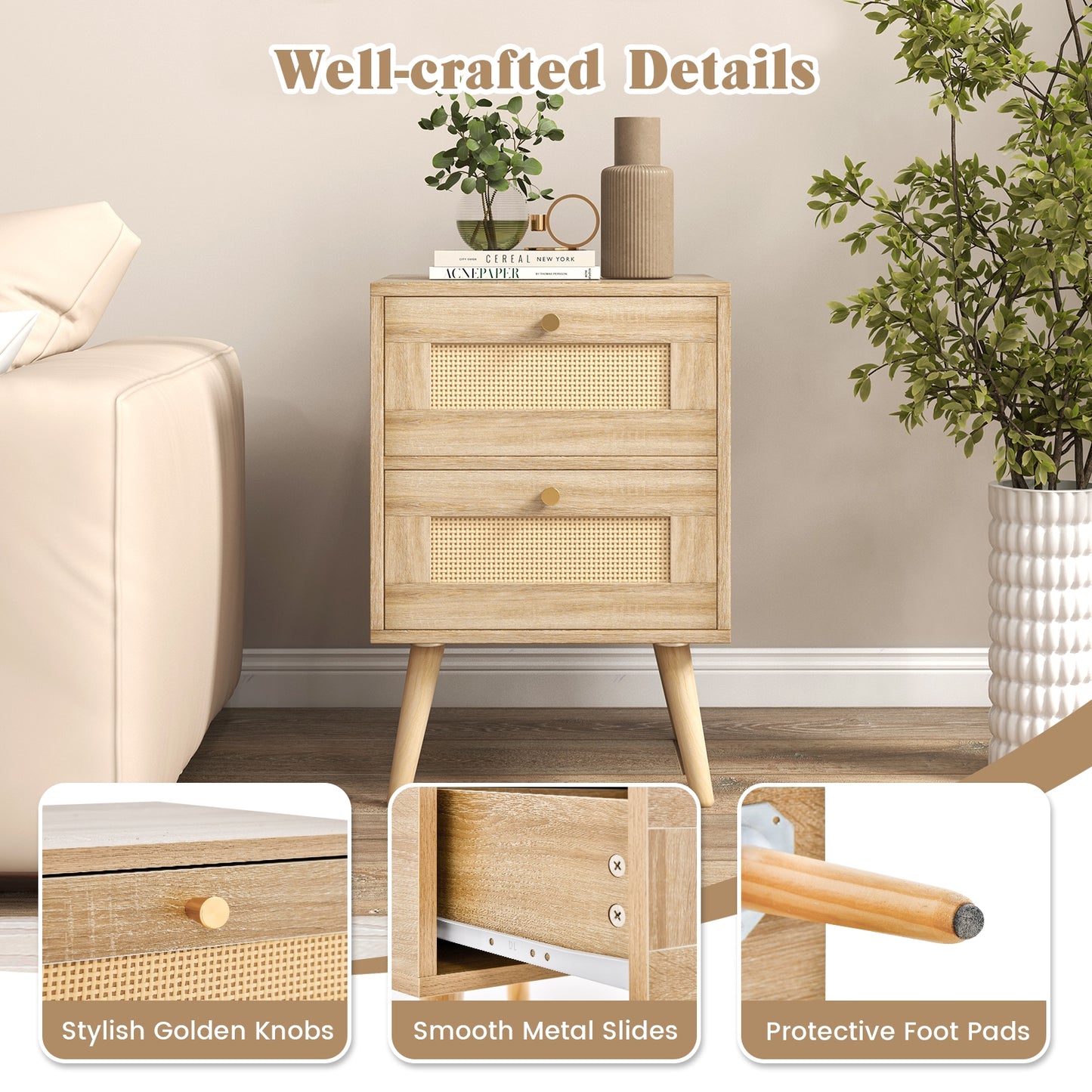 Boho Rattan Nightstand with 2 Drawers and Wood Legs Bedside Table