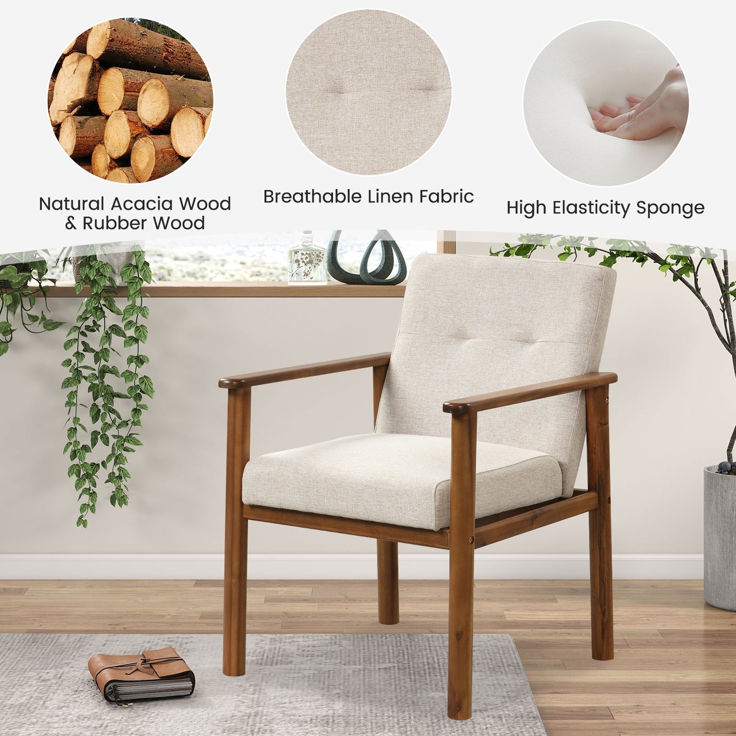 Comfortable Linen Accent Chair with Wood Legs and Supportive Cushion