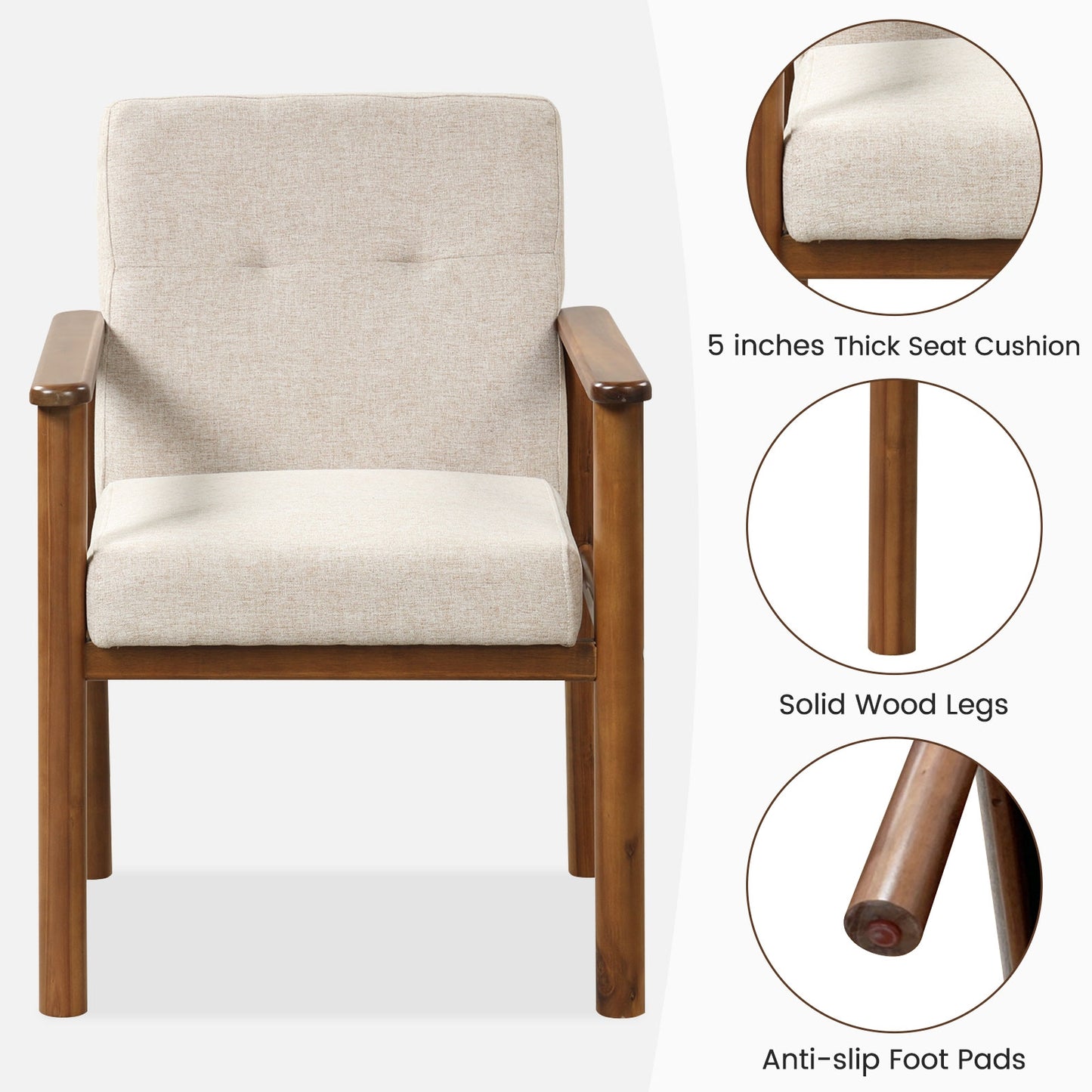 Comfortable Linen Accent Chair with Wood Legs and Supportive Cushion