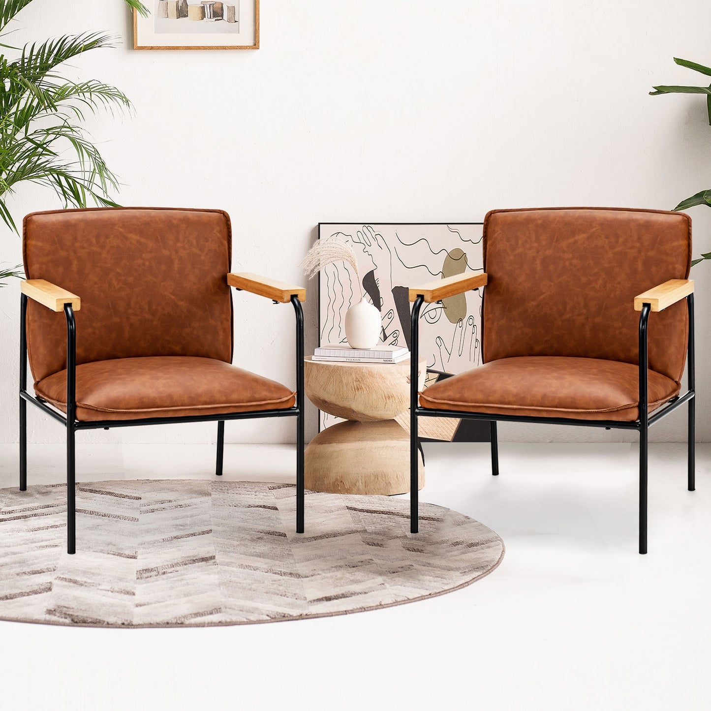 Contemporary PU Leather Armchair with Wooden Armrests in Brown