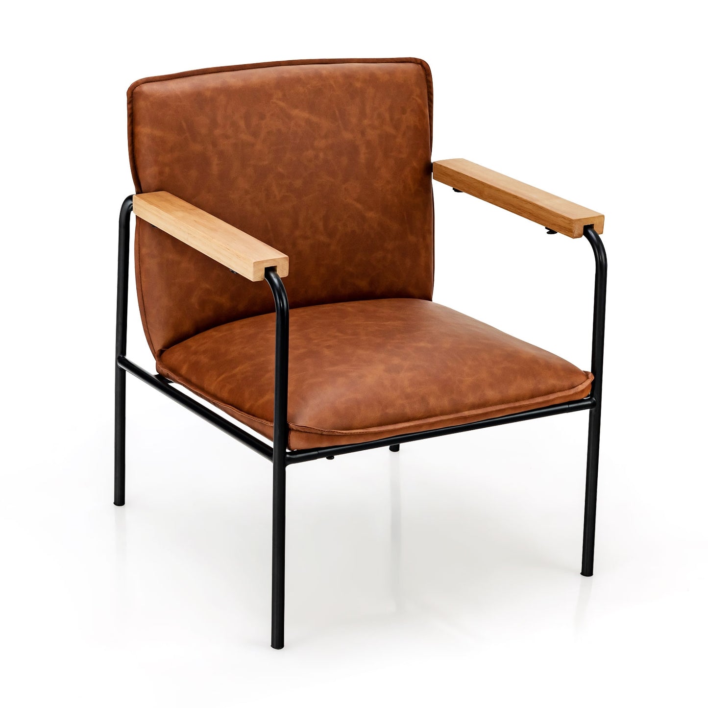Contemporary PU Leather Armchair with Wooden Armrests in Brown