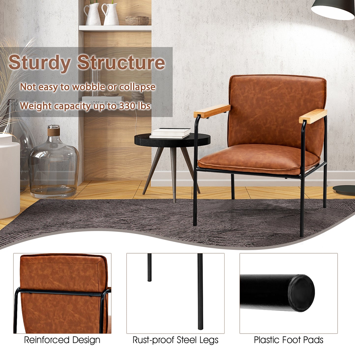Contemporary PU Leather Armchair with Wooden Armrests in Brown