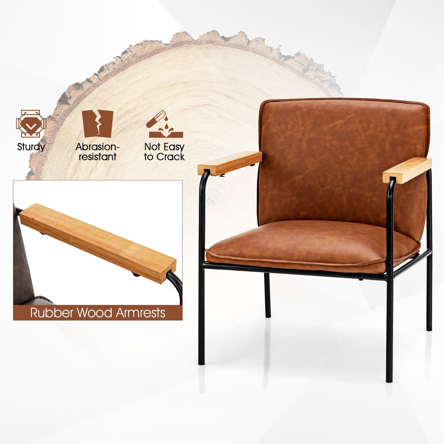 Contemporary PU Leather Armchair with Wooden Armrests in Brown