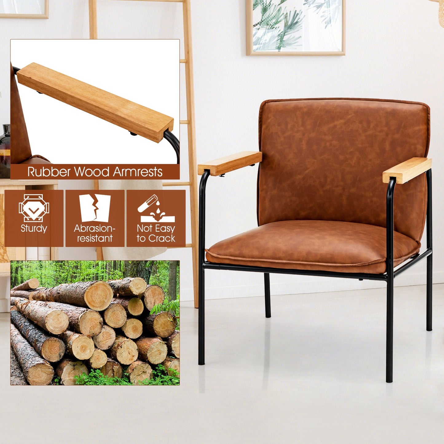Contemporary PU Leather Armchair with Wooden Armrests in Brown