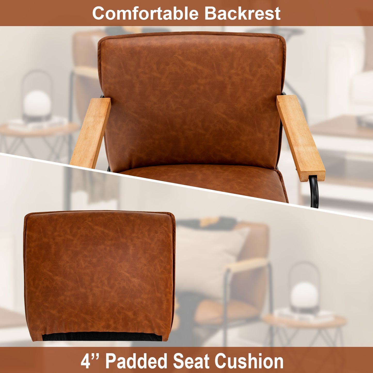 Contemporary PU Leather Armchair with Wooden Armrests in Brown