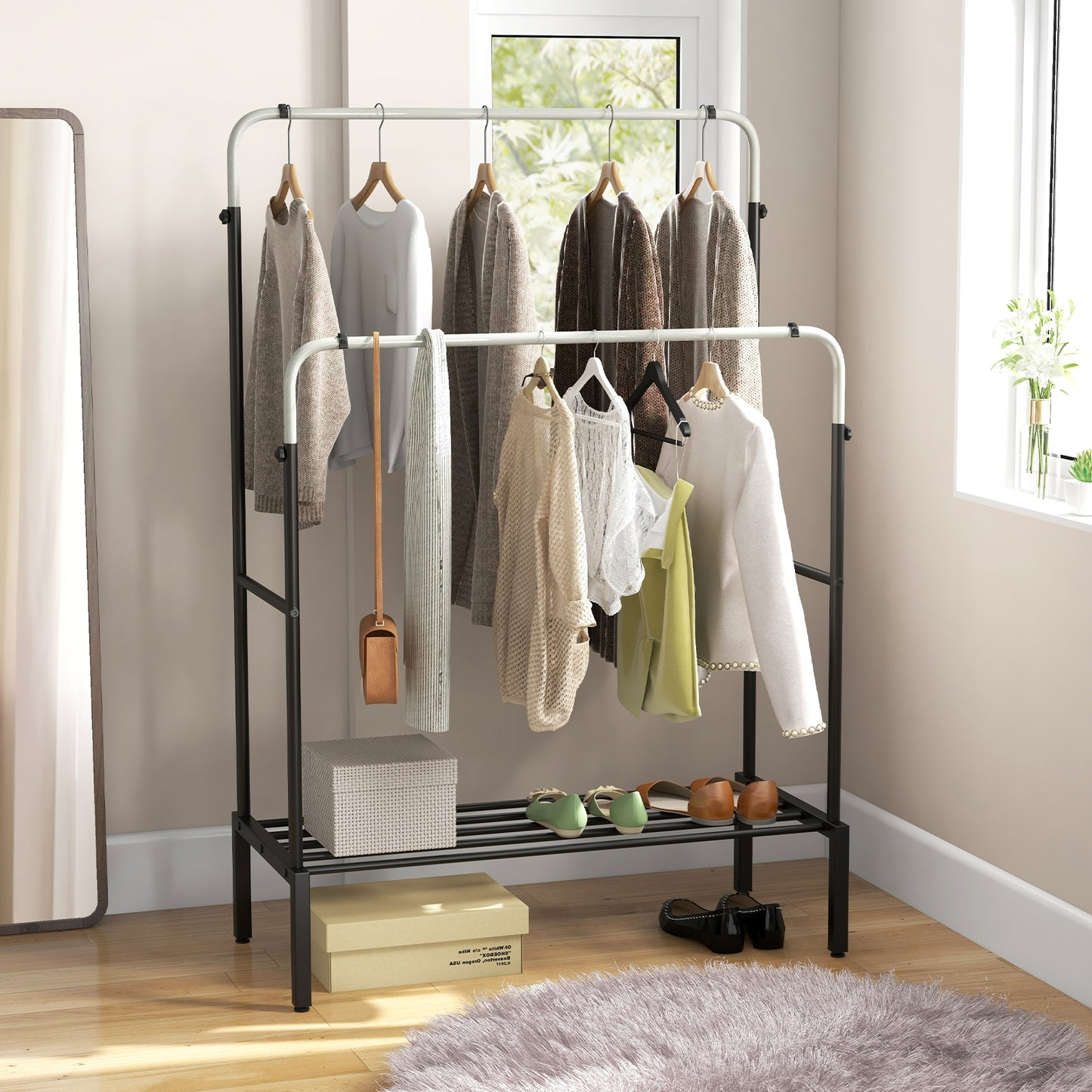 Adjustable Double Rod Garment Rack with Shoe Storage and Side Rails