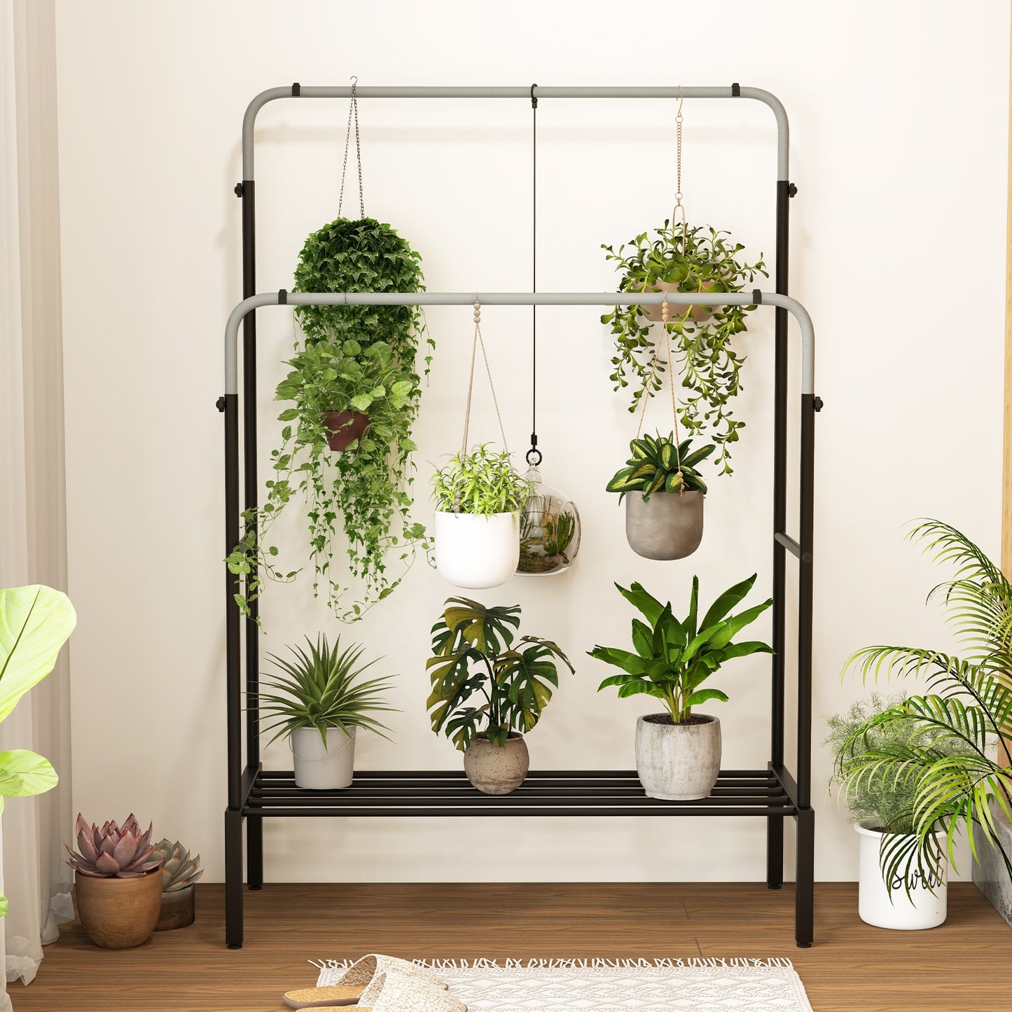 Adjustable Double Rod Garment Rack with Shoe Storage and Side Rails