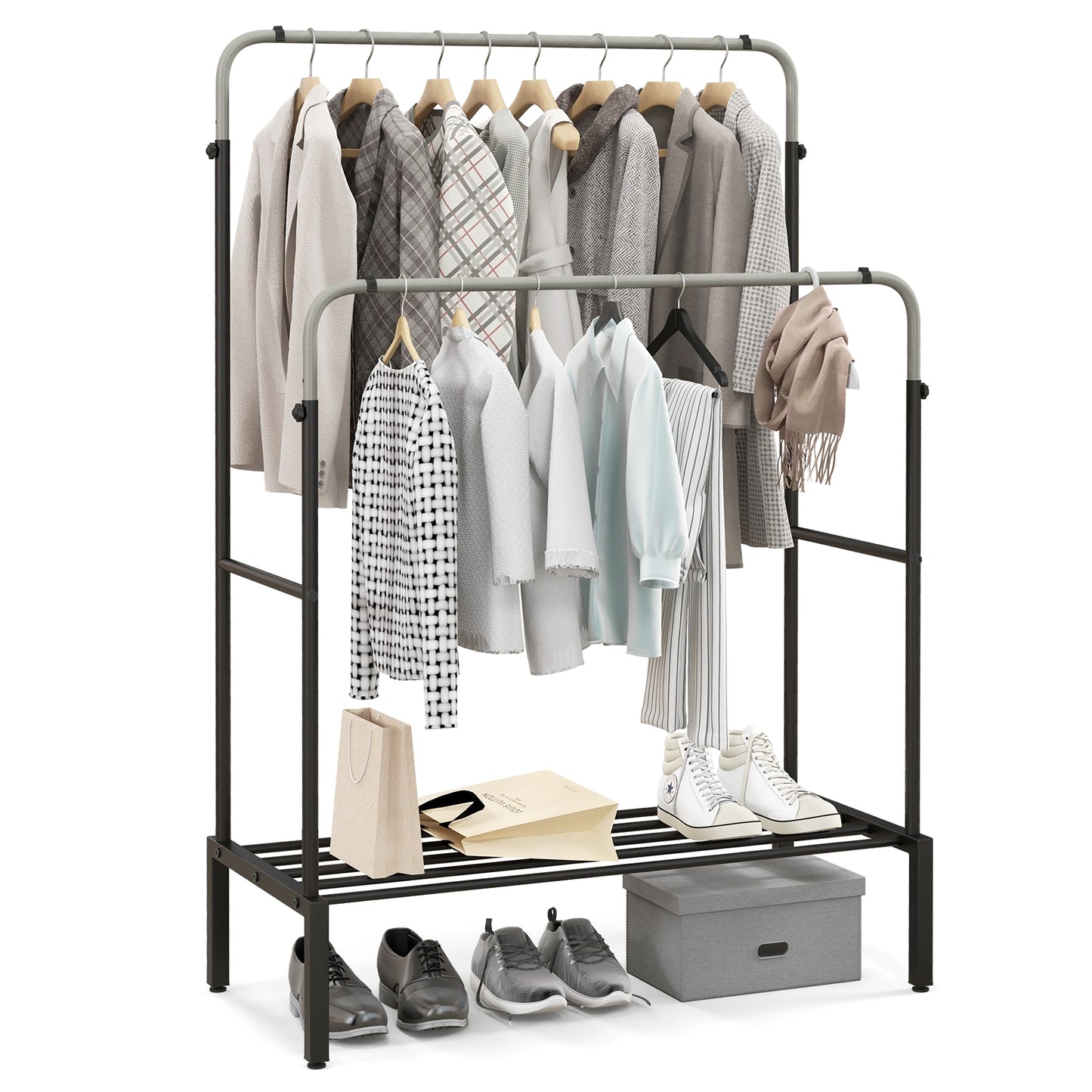 Adjustable Double Rod Garment Rack with Shoe Storage and Side Rails