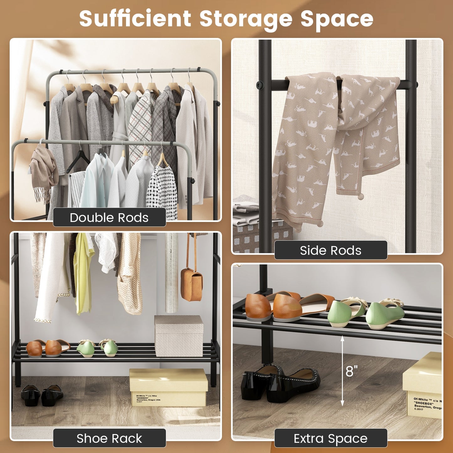 Adjustable Double Rod Garment Rack with Shoe Storage and Side Rails