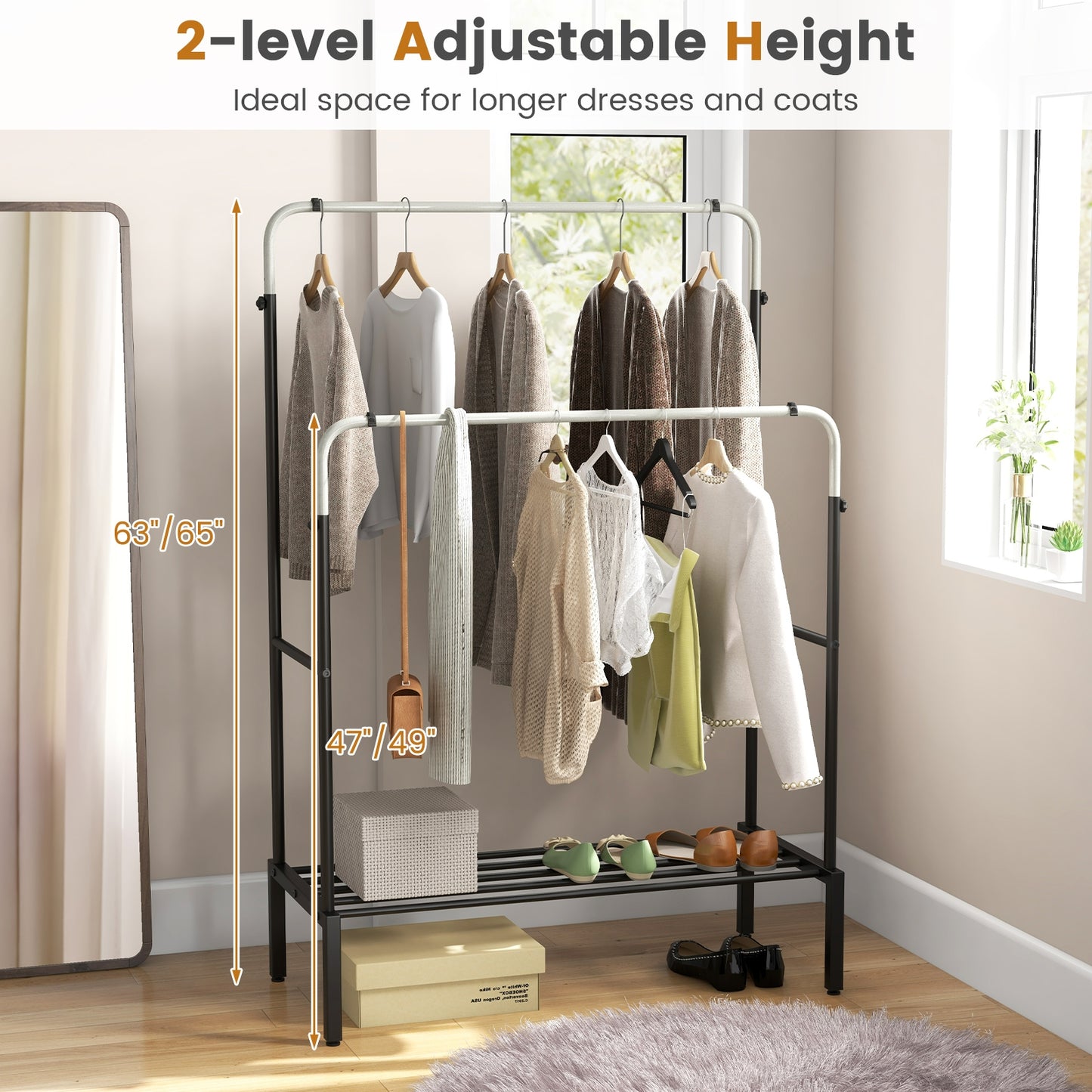Adjustable Double Rod Garment Rack with Shoe Storage and Side Rails