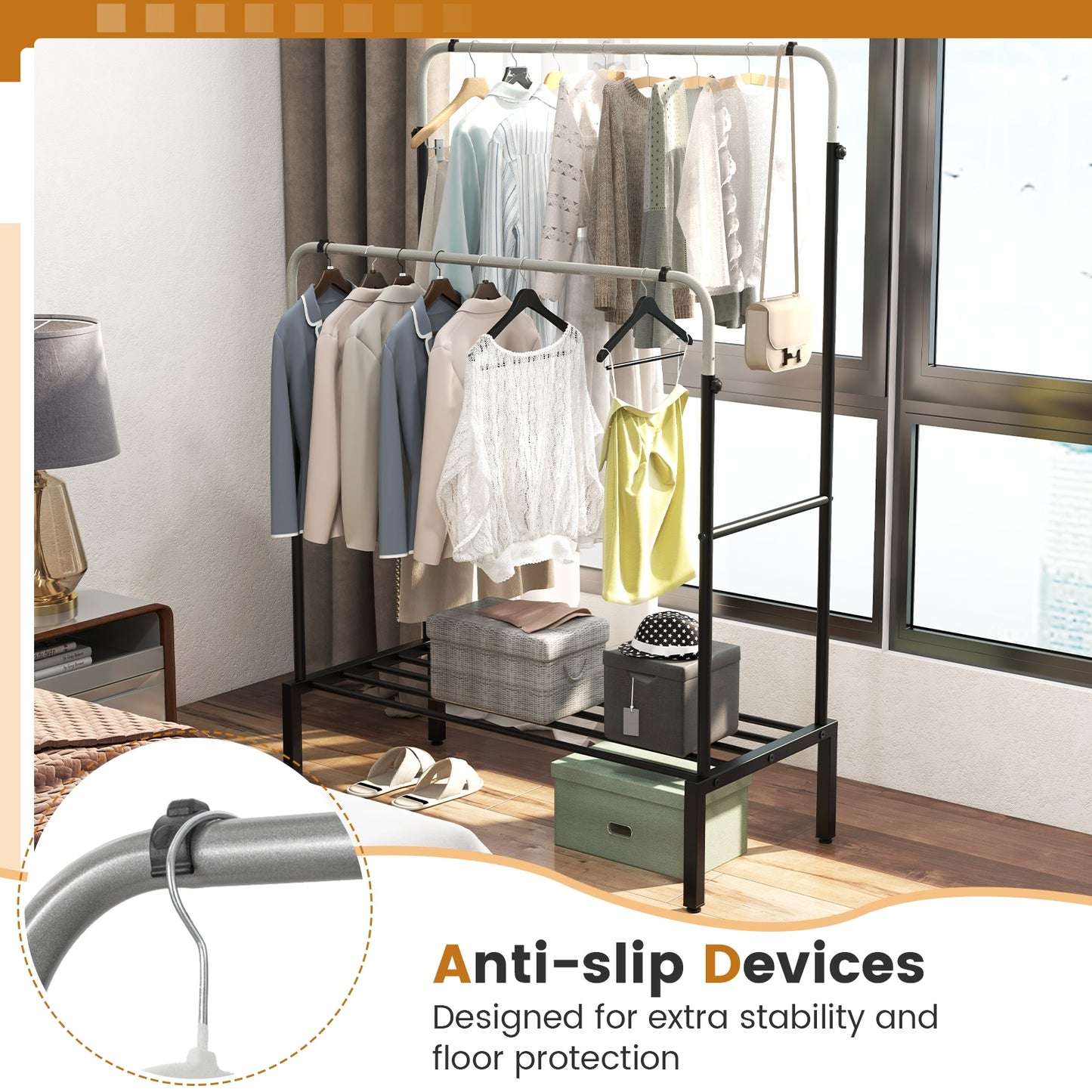 Adjustable Double Rod Garment Rack with Shoe Storage and Side Rails