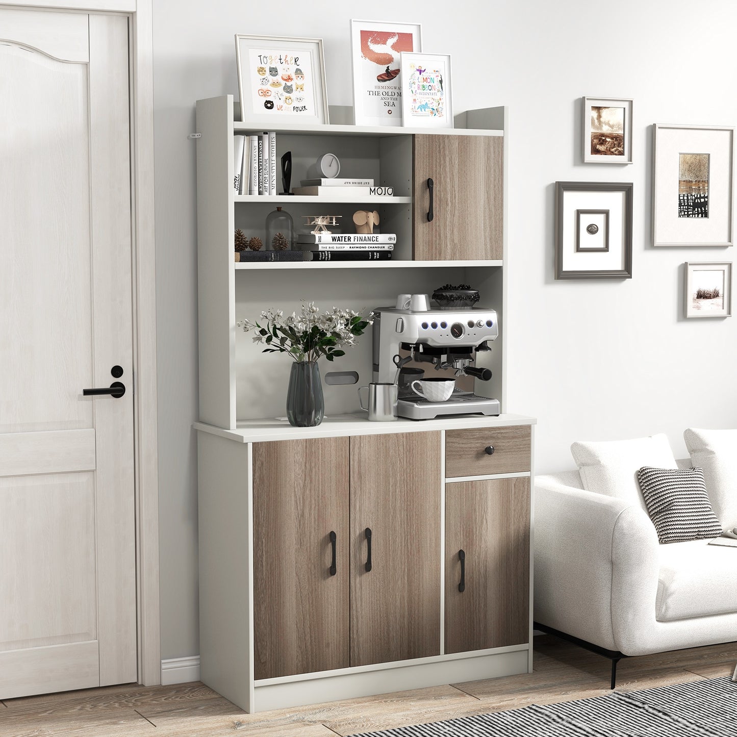 Tall Kitchen Pantry Cabinet with Adjustable Shelves and Built-in Charging Station for Storage and Organization