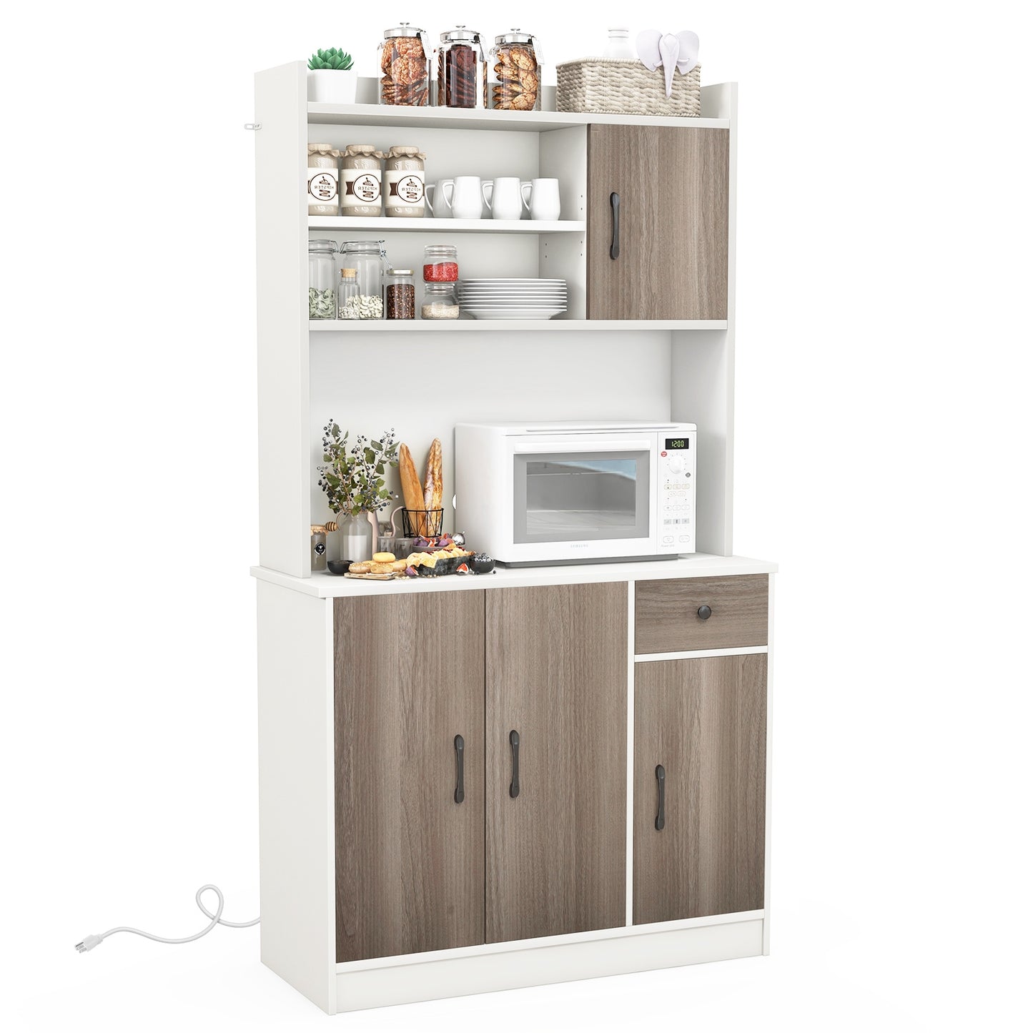Tall Kitchen Pantry Cabinet with Adjustable Shelves and Built-in Charging Station for Storage and Organization