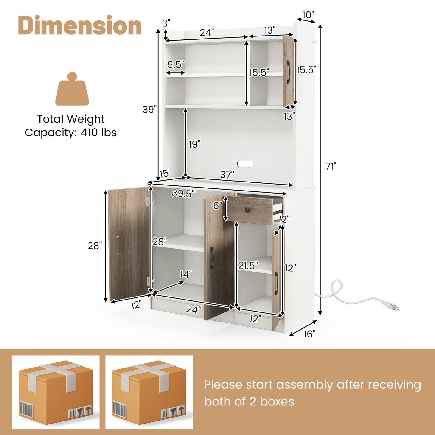 Tall Kitchen Pantry Cabinet with Adjustable Shelves and Built-in Charging Station for Storage and Organization