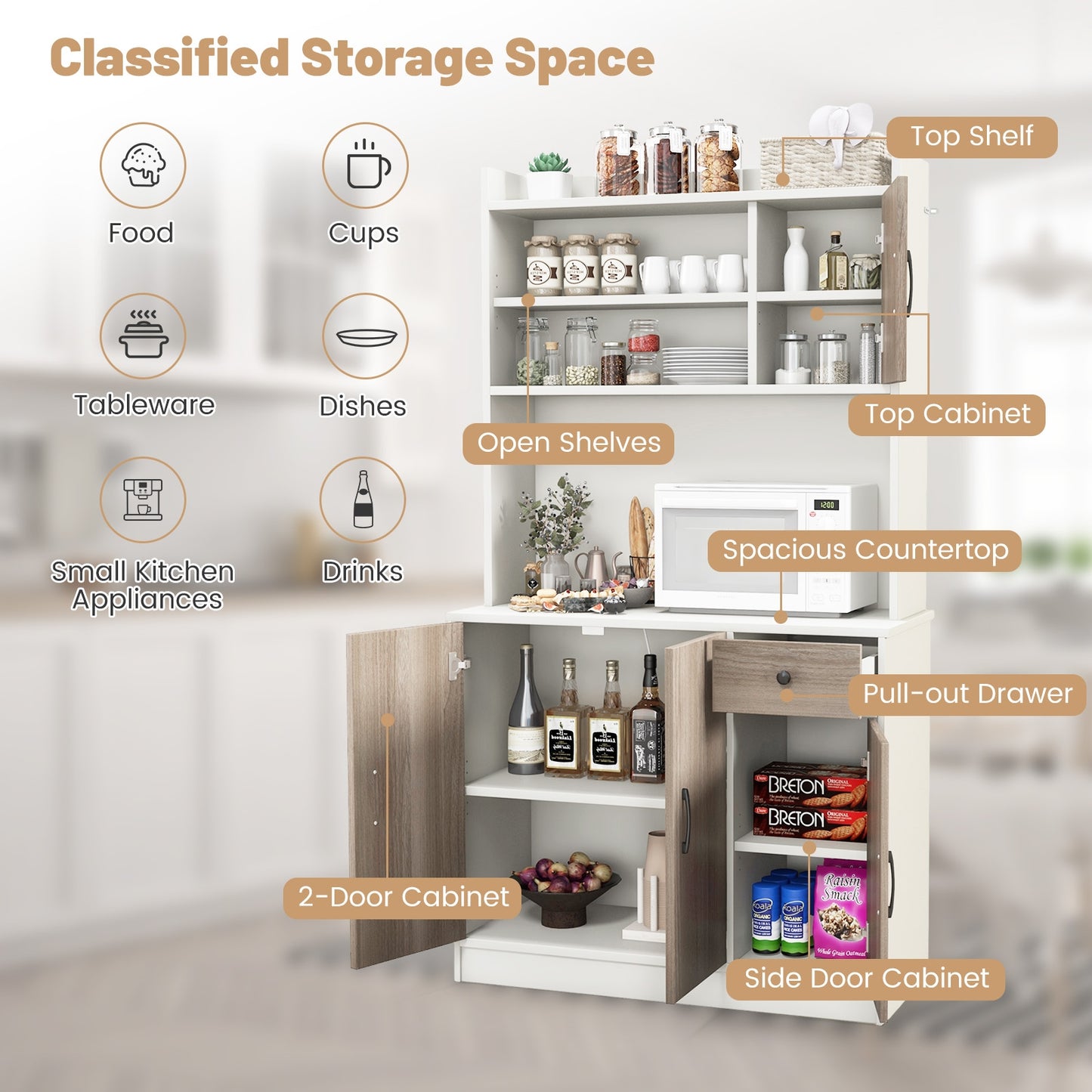 Tall Kitchen Pantry Cabinet with Adjustable Shelves and Built-in Charging Station for Storage and Organization