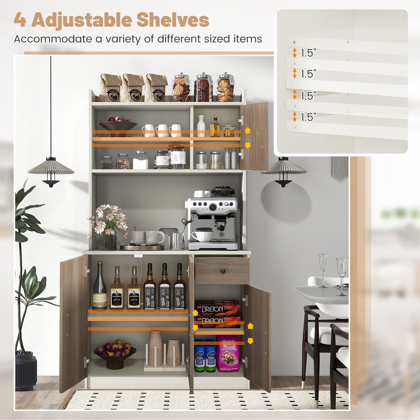 Tall Kitchen Pantry Cabinet with Adjustable Shelves and Built-in Charging Station for Storage and Organization