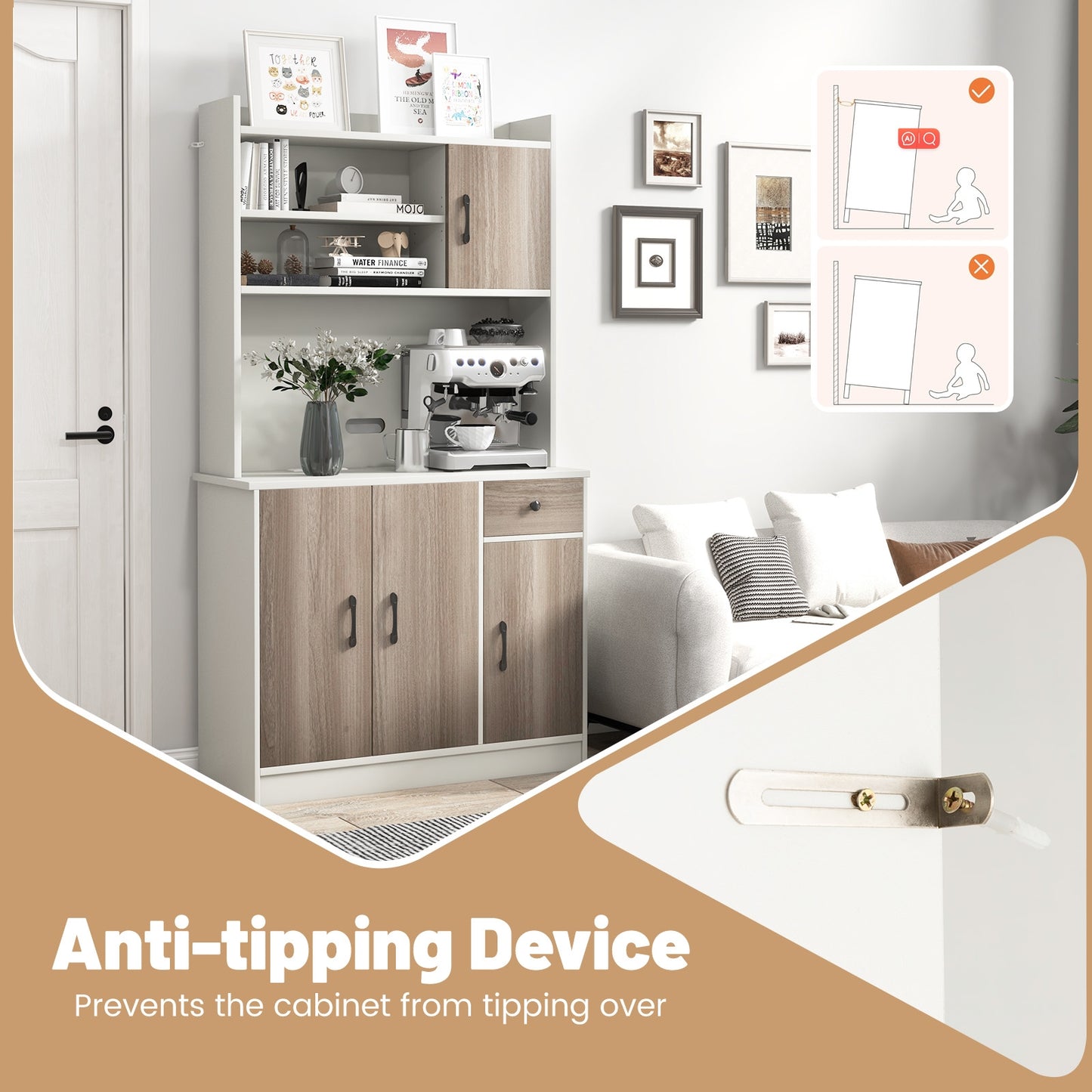 Tall Kitchen Pantry Cabinet with Adjustable Shelves and Built-in Charging Station for Storage and Organization