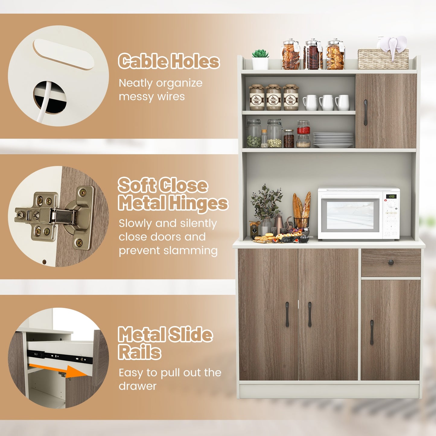 Tall Kitchen Pantry Cabinet with Adjustable Shelves and Built-in Charging Station for Storage and Organization