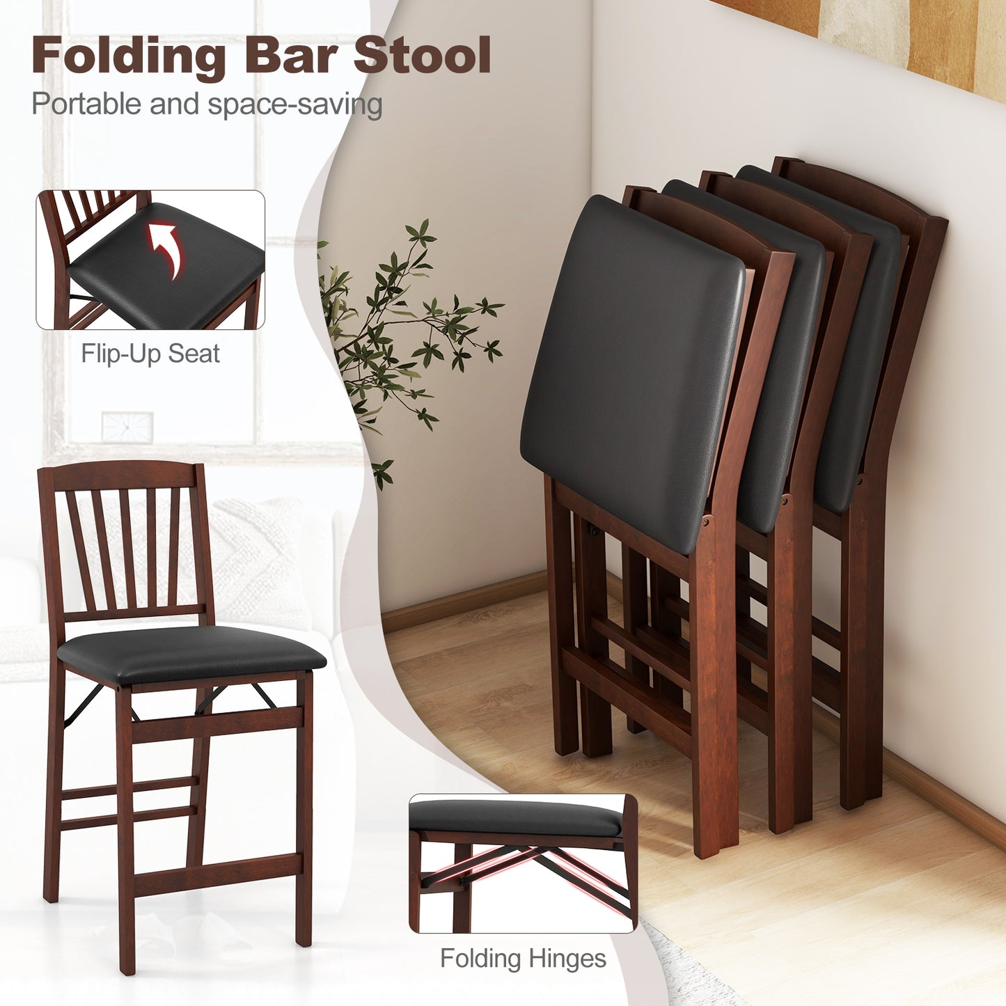 Counter Height Folding Kitchen Island Chairs Set of 2 with Padded Seats and Backrest