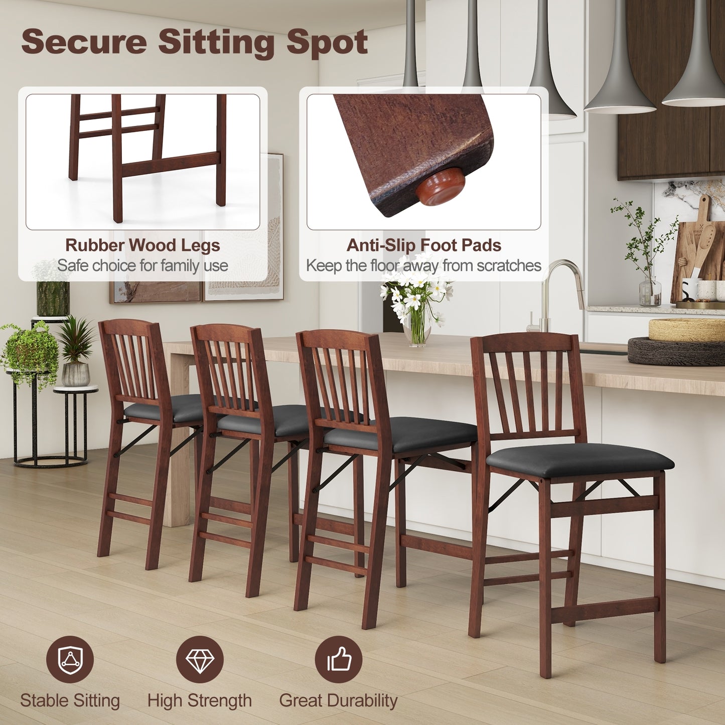 Counter Height Folding Kitchen Island Chairs Set of 2 with Padded Seats and Backrest