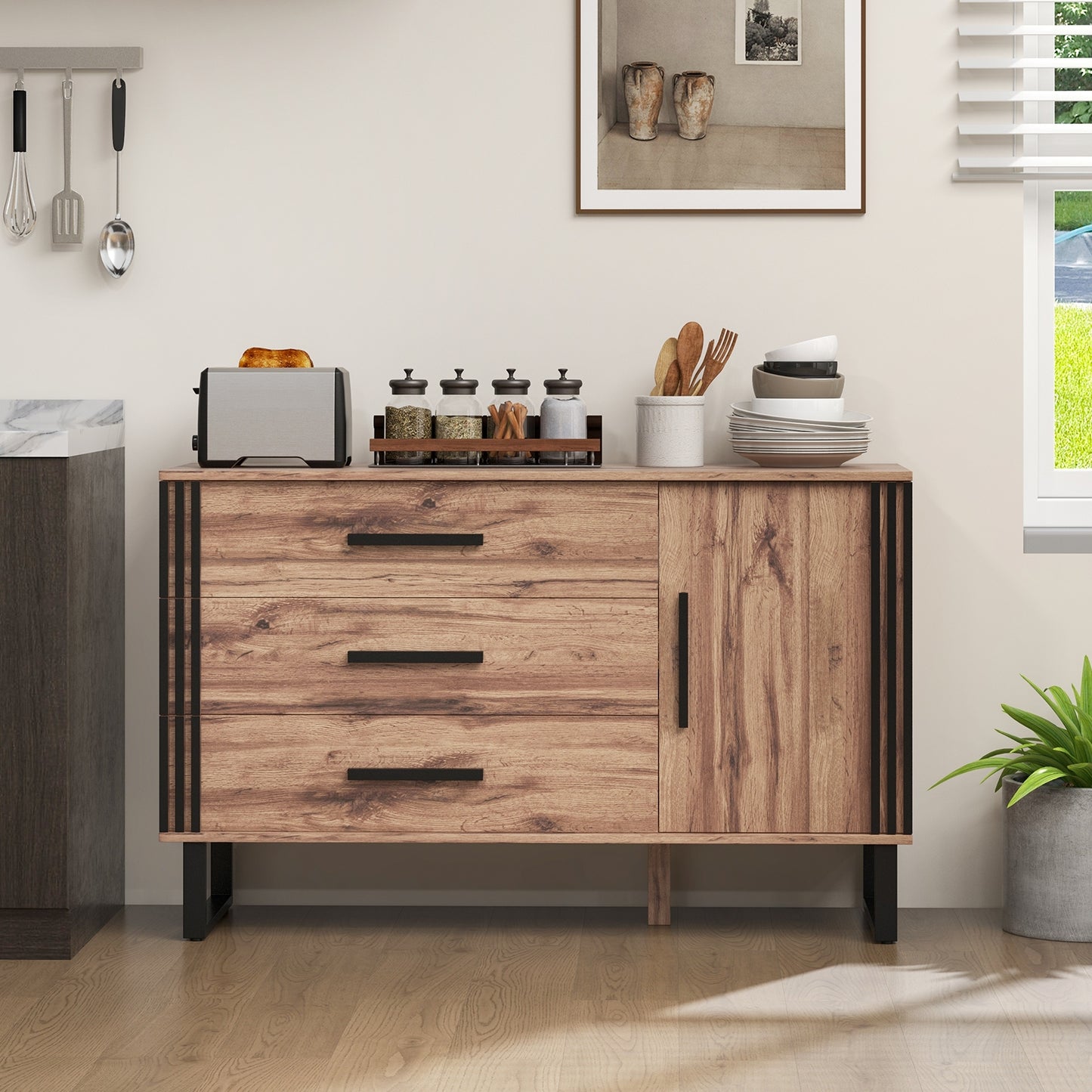 Modern Sideboard Buffet Cabinet with 3 Drawers and Adjustable Shelf for Dining Room or Living Room Storage