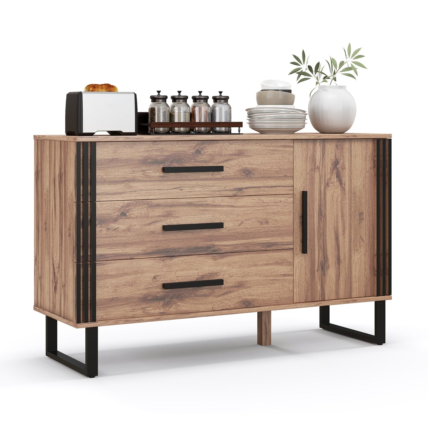 Modern Sideboard Buffet Cabinet with 3 Drawers and Adjustable Shelf for Dining Room or Living Room Storage