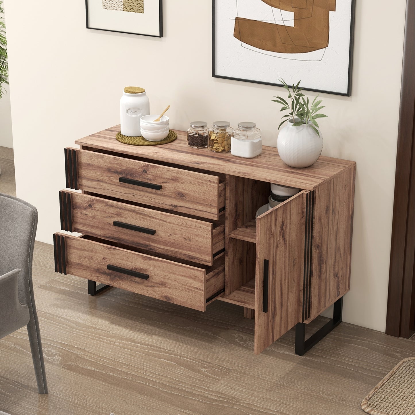 Modern Sideboard Buffet Cabinet with 3 Drawers and Adjustable Shelf for Dining Room or Living Room Storage