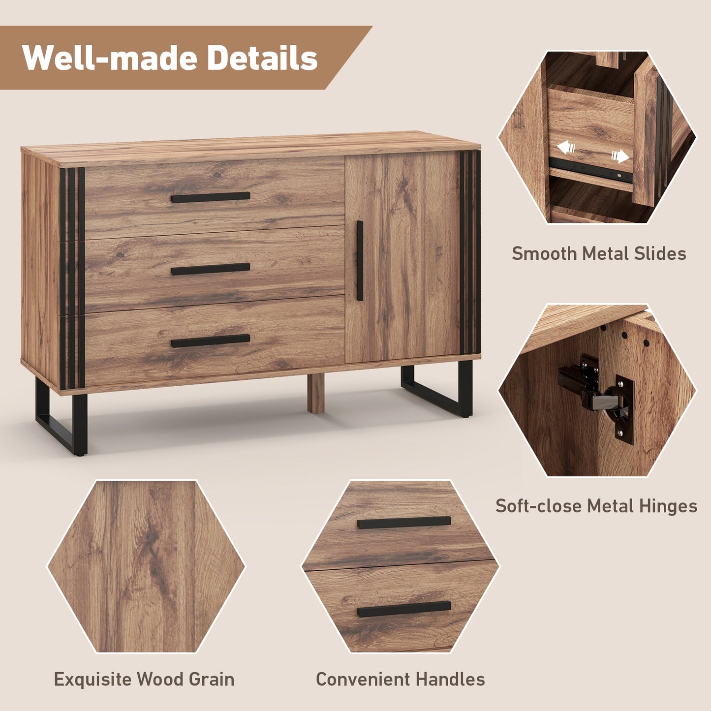 Modern Sideboard Buffet Cabinet with 3 Drawers and Adjustable Shelf for Dining Room or Living Room Storage