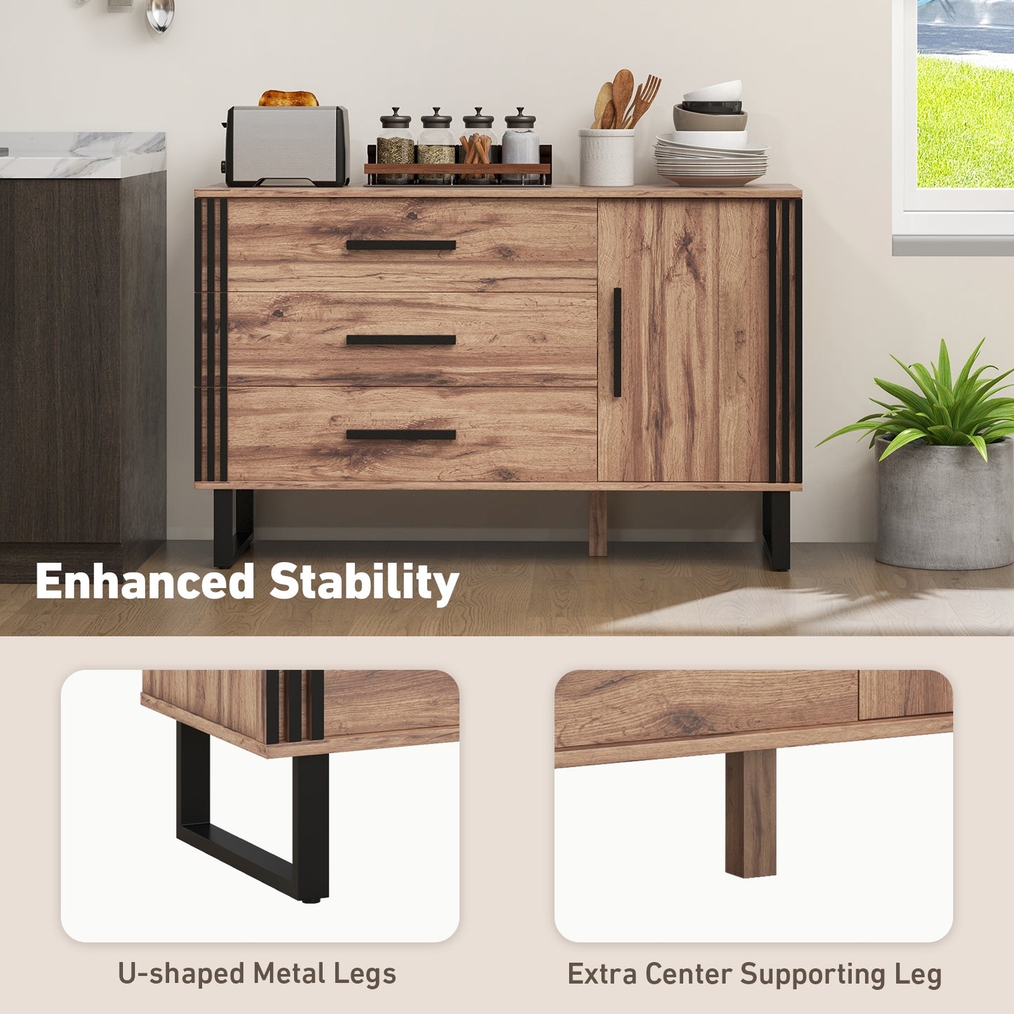 Modern Sideboard Buffet Cabinet with 3 Drawers and Adjustable Shelf for Dining Room or Living Room Storage