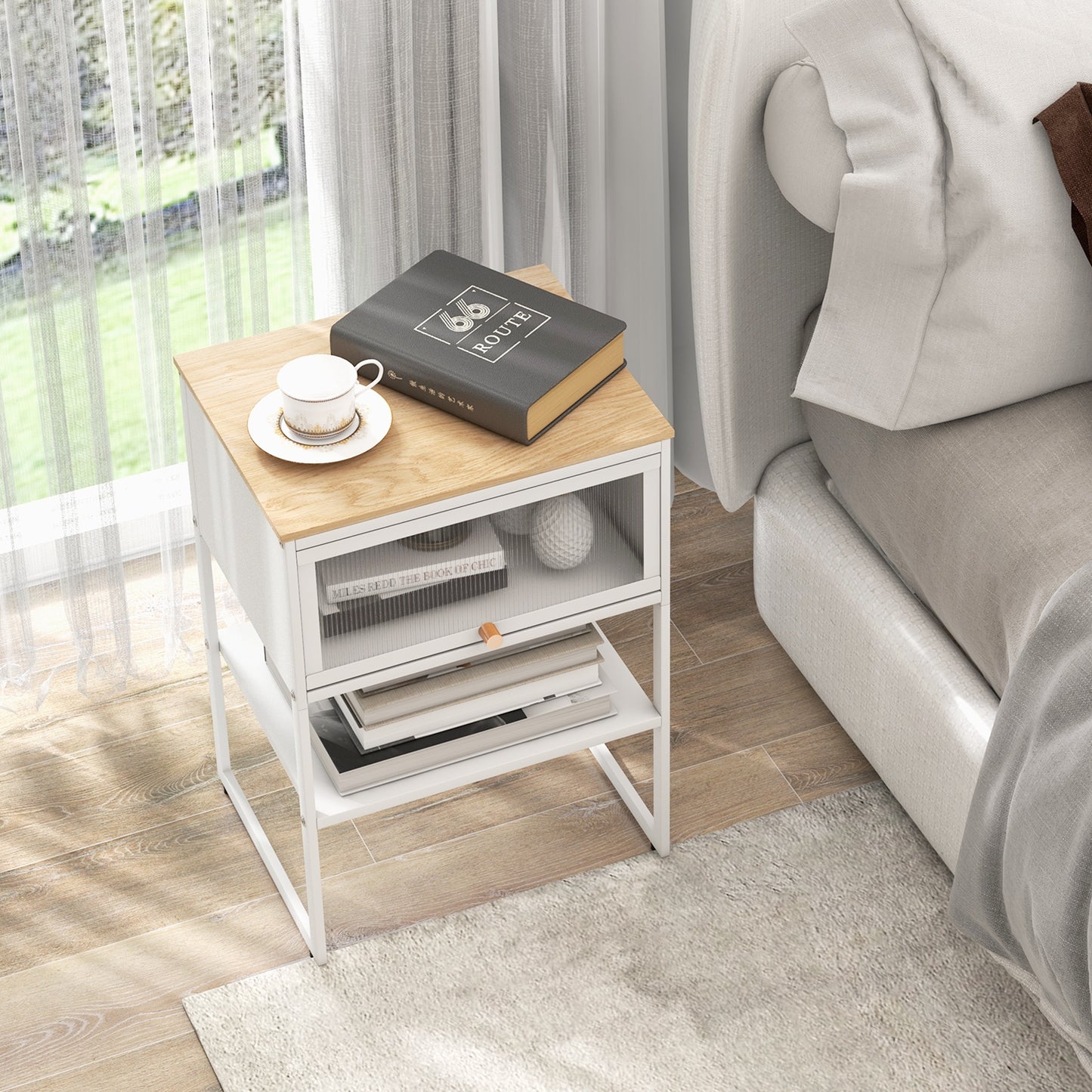 Nightstand with Flip Up Door and Storage Shelf in White