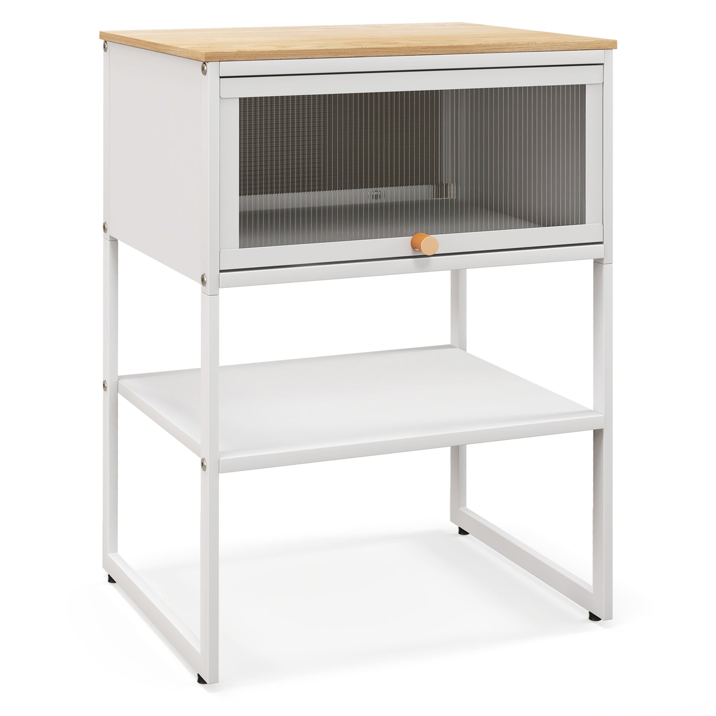 Nightstand with Flip Up Door and Storage Shelf in White