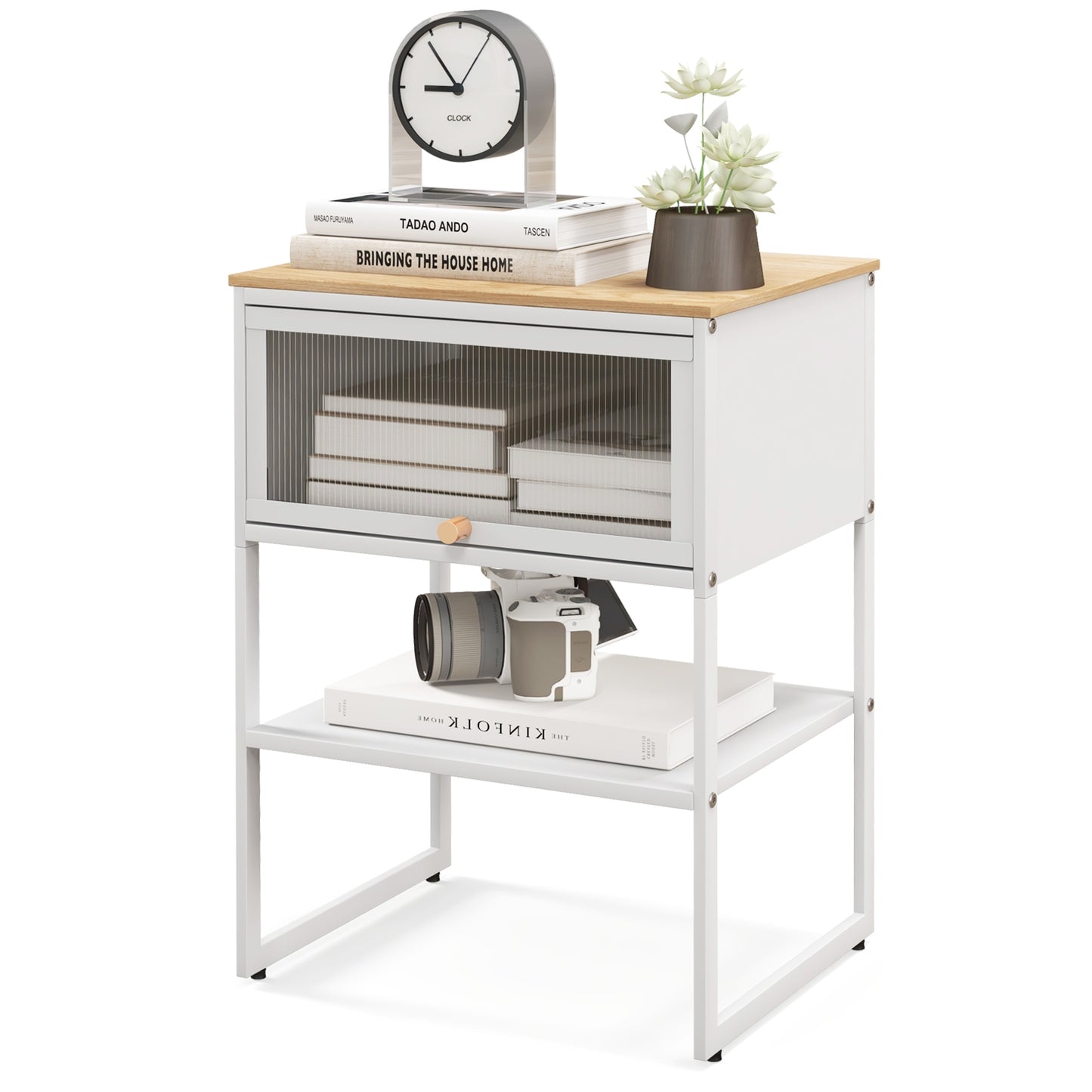 Nightstand with Flip Up Door and Storage Shelf in White