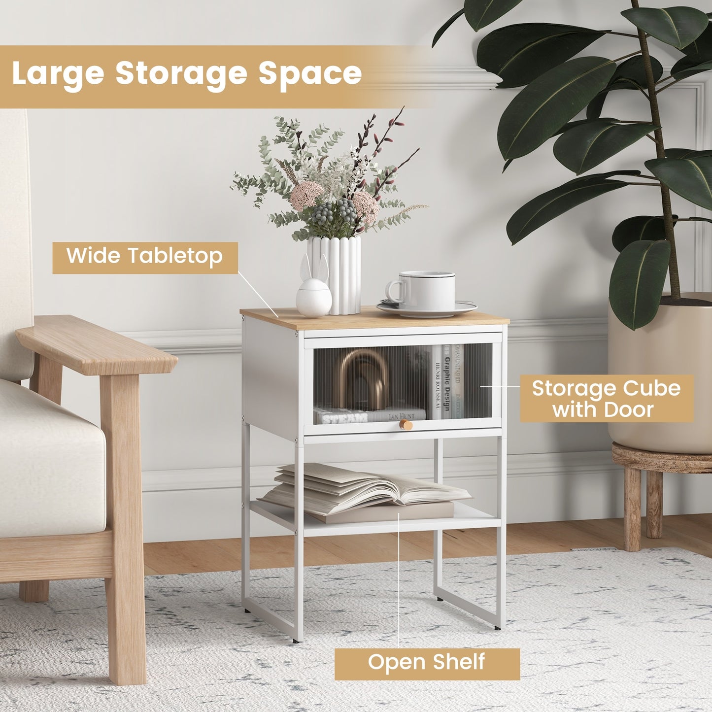 Nightstand with Flip Up Door and Storage Shelf in White