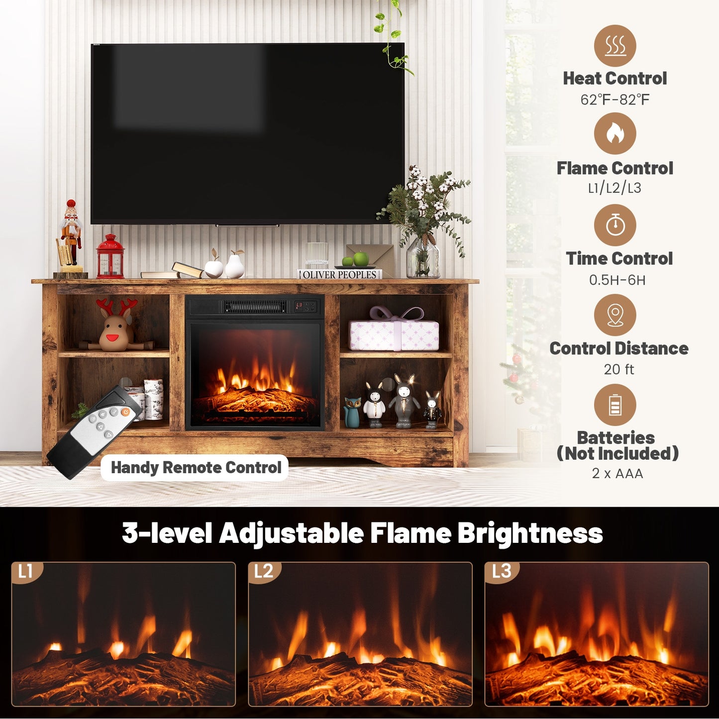 58 Inch Fireplace TV Console with Adjustable Shelves and Built-In Electric Heater for TVs Up to 65 Inches