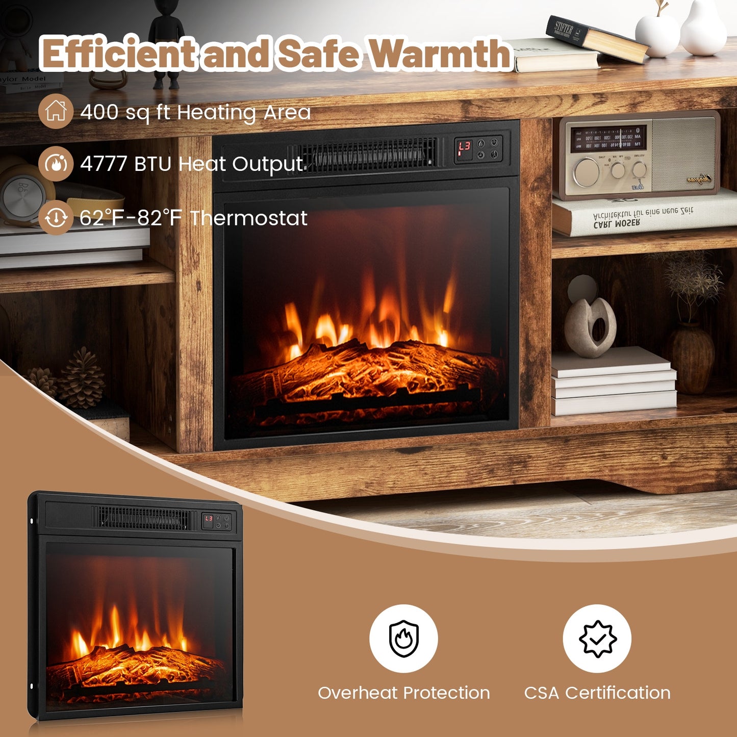 58 Inch Fireplace TV Console with Adjustable Shelves and Built-In Electric Heater for TVs Up to 65 Inches