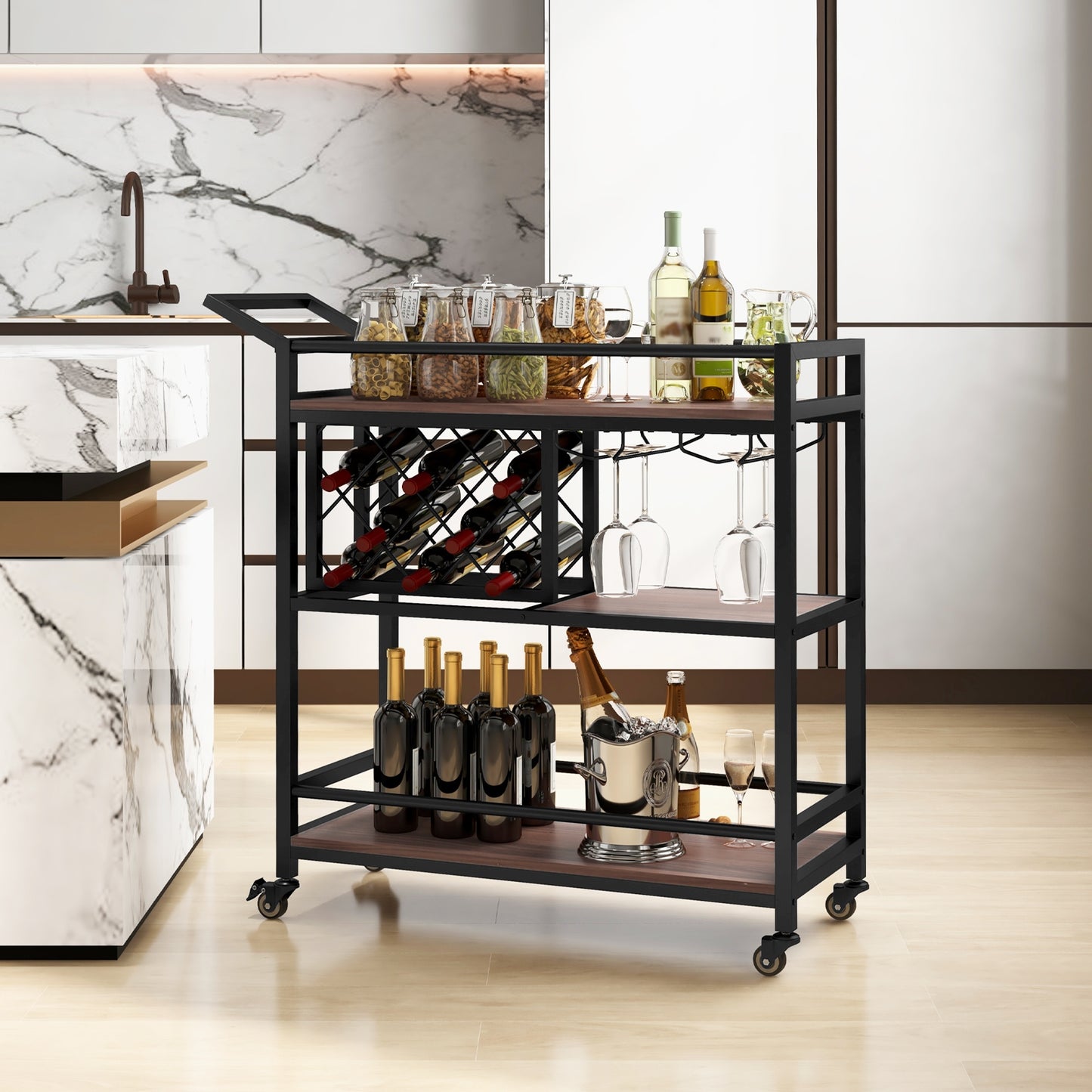 3 Tier Rolling Bar Cart with Wine Rack and Glass Holder for Kitchen and Home Serving - Brown