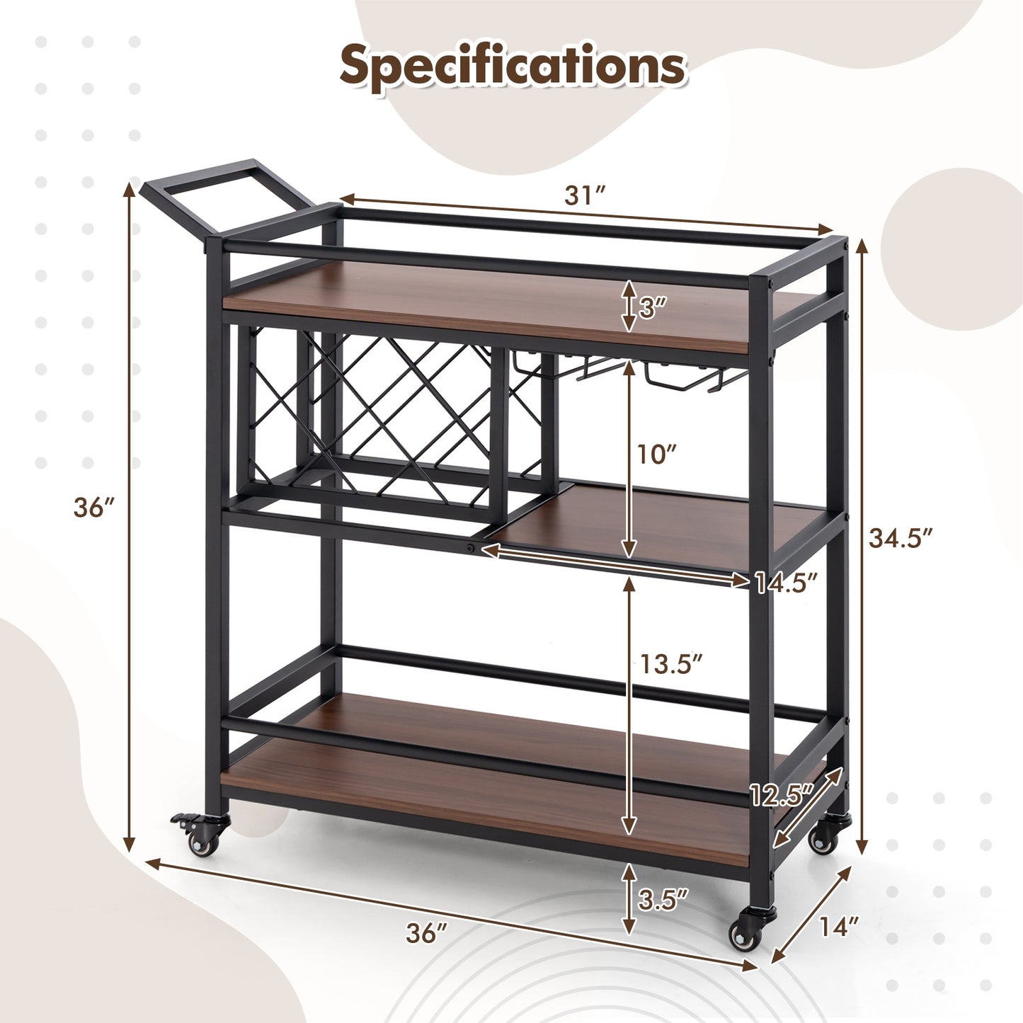 3 Tier Rolling Bar Cart with Wine Rack and Glass Holder for Kitchen and Home Serving - Brown