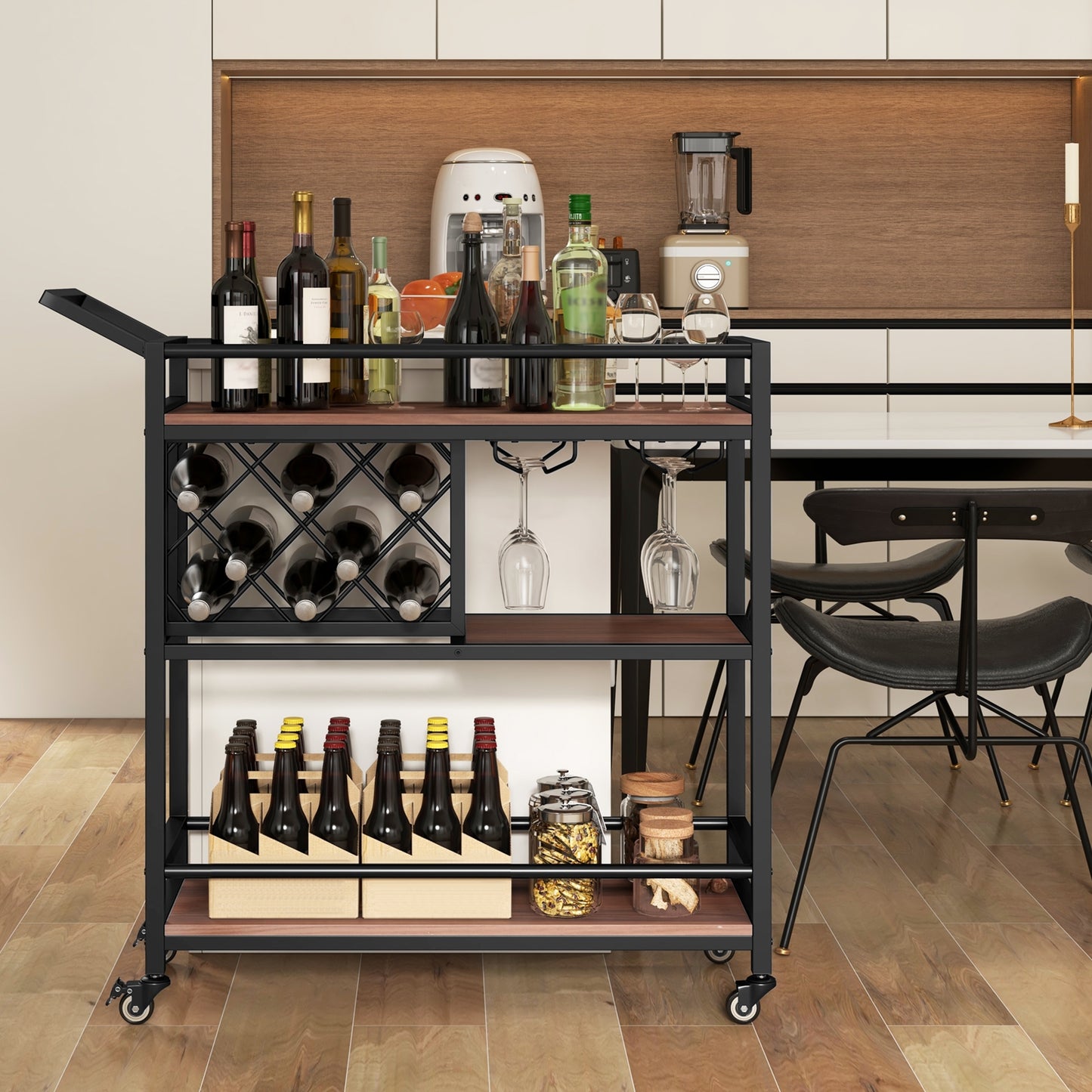 3 Tier Rolling Bar Cart with Wine Rack and Glass Holder for Kitchen and Home Serving - Brown