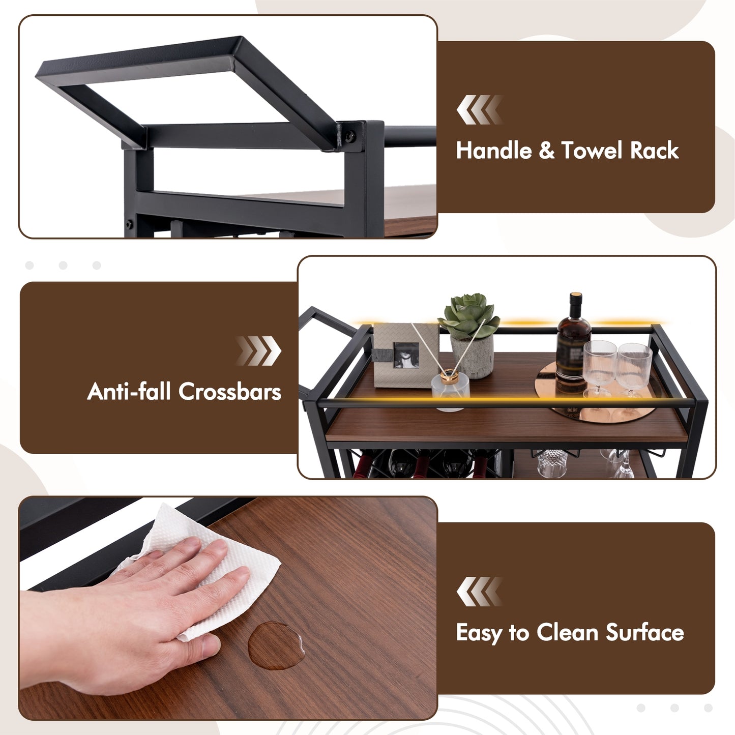 3 Tier Rolling Bar Cart with Wine Rack and Glass Holder for Kitchen and Home Serving - Brown
