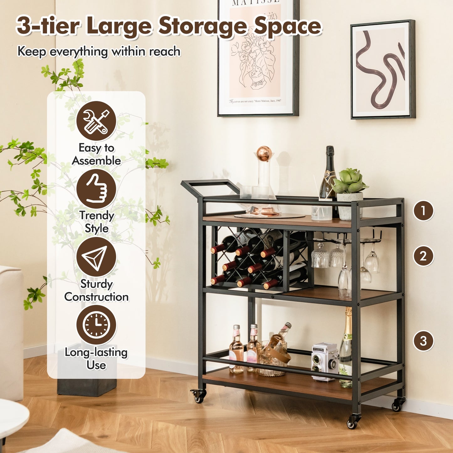 3 Tier Rolling Bar Cart with Wine Rack and Glass Holder for Kitchen and Home Serving - Brown