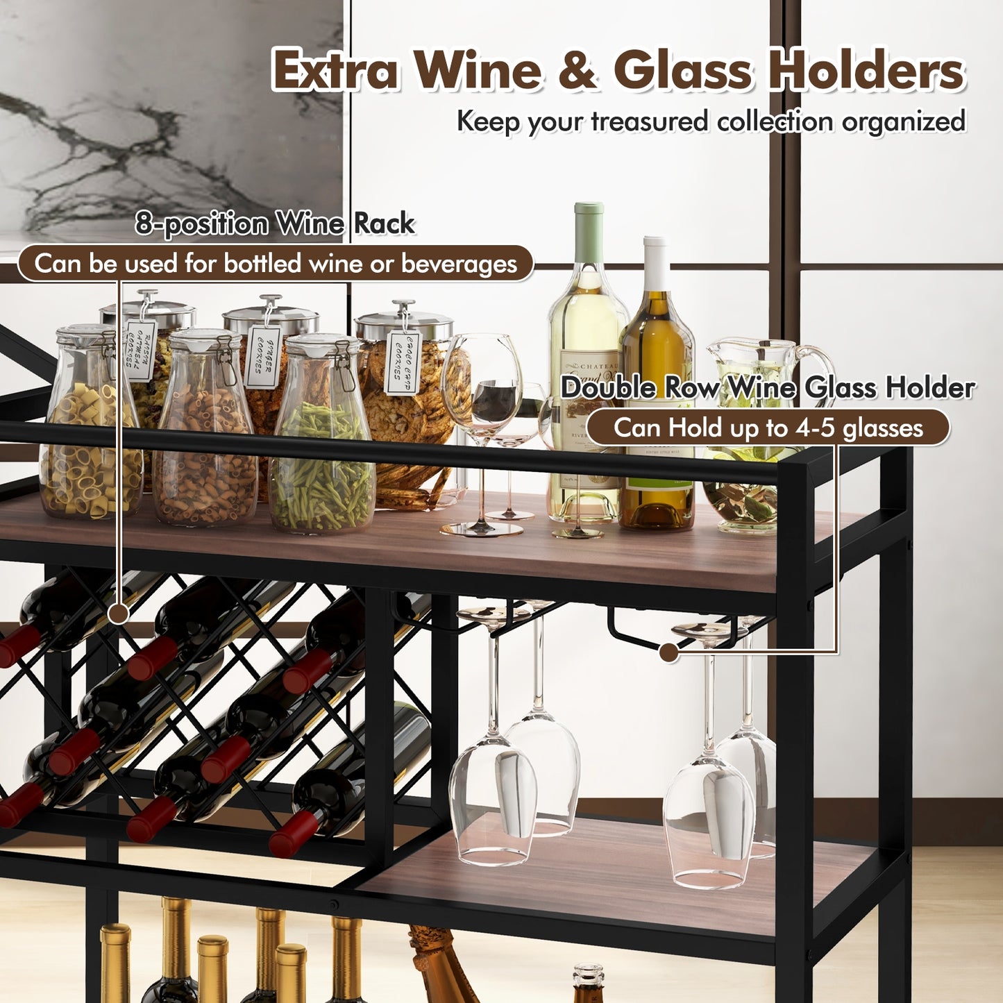 3 Tier Rolling Bar Cart with Wine Rack and Glass Holder for Kitchen and Home Serving - Brown