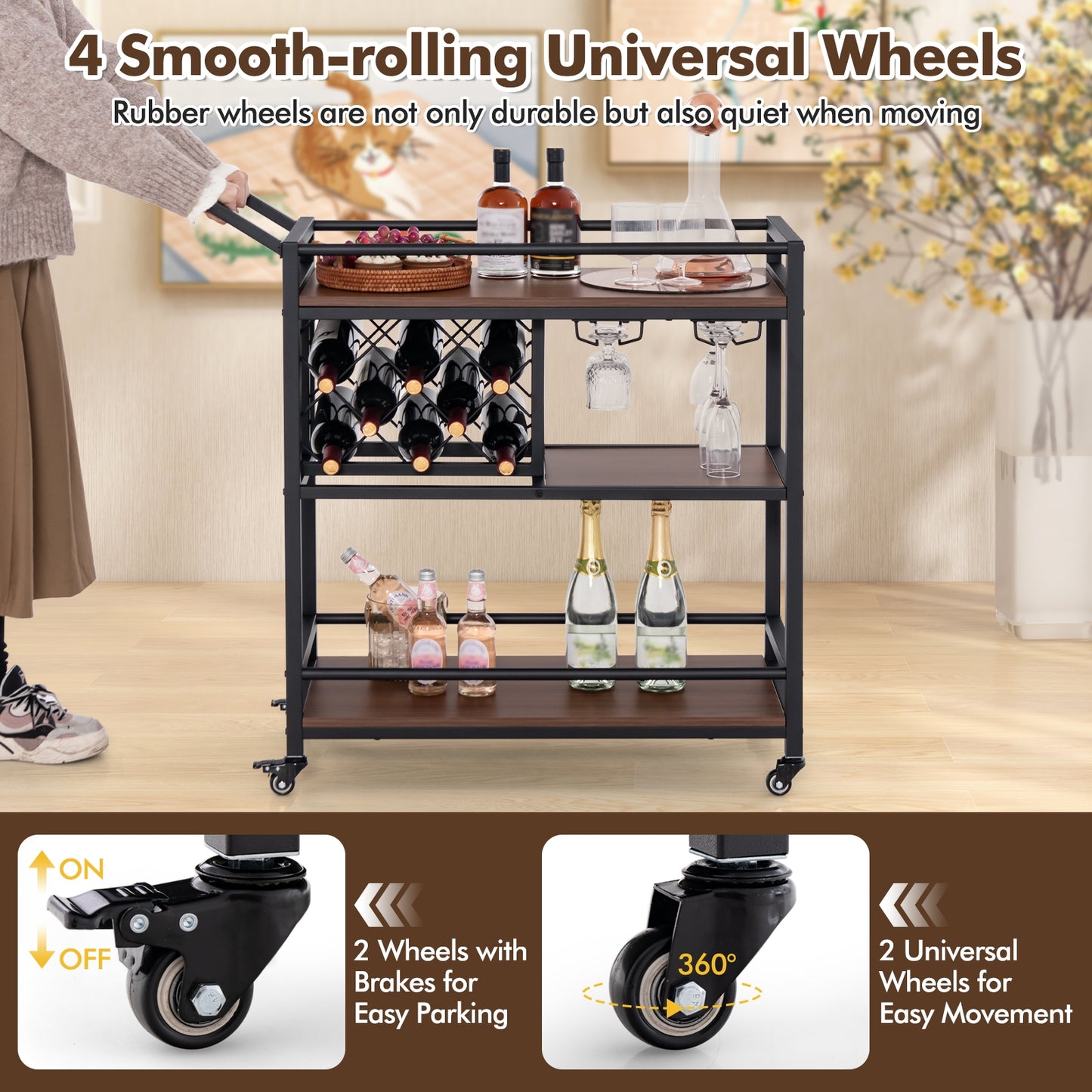 3 Tier Rolling Bar Cart with Wine Rack and Glass Holder for Kitchen and Home Serving - Brown