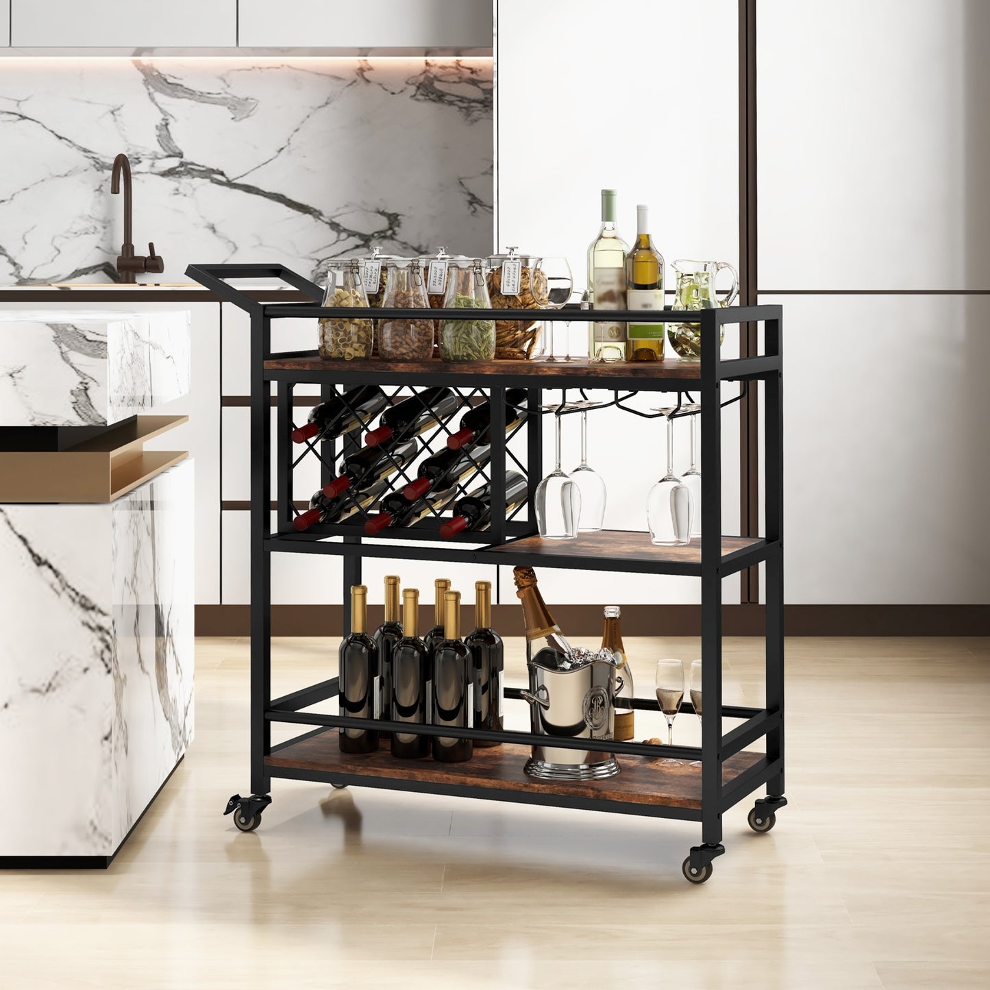 3 Tier Rolling Bar Cart with Wine Rack and Glass Holder for Kitchen and Home Serving - Rustic Brown