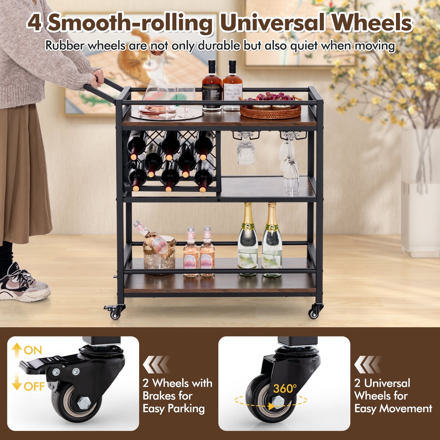 3 Tier Rolling Bar Cart with Wine Rack and Glass Holder for Kitchen and Home Serving - Rustic Brown