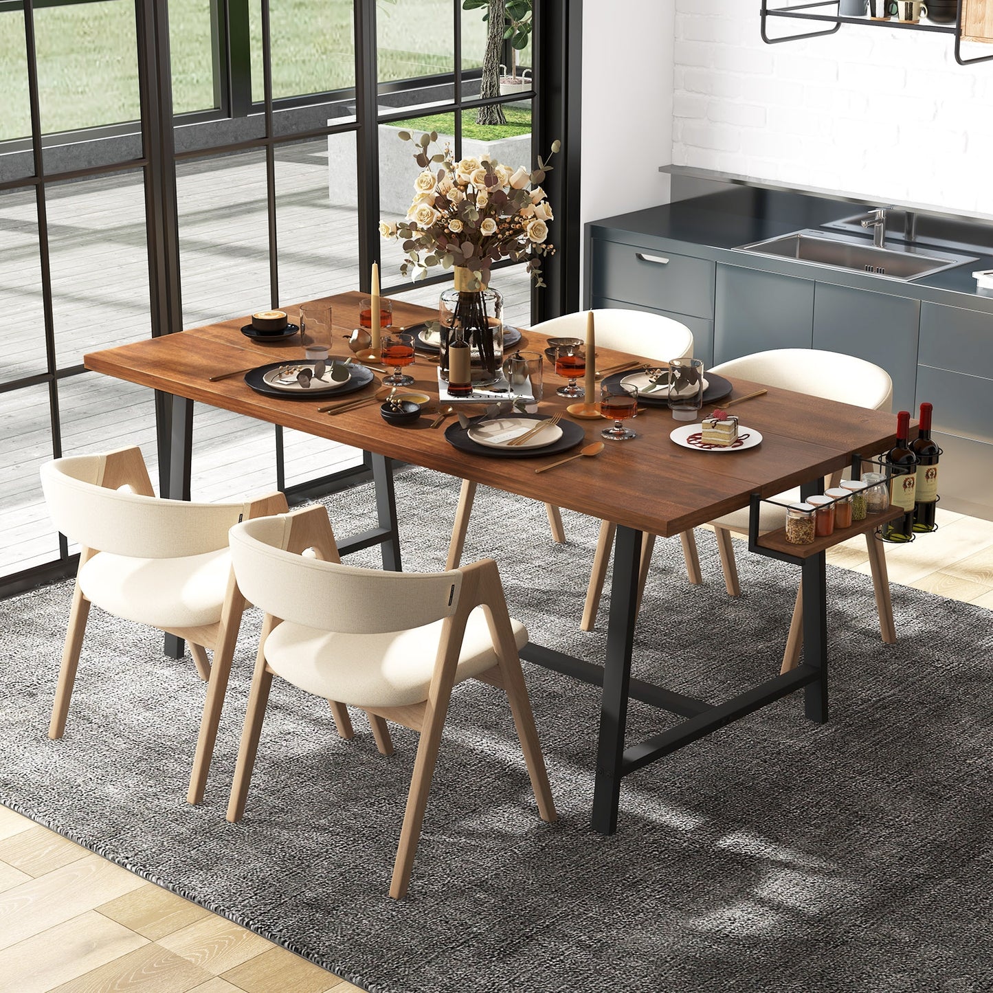 72 Inch Dining Table with Wine Rack and Storage Shelf, Seats 5 to 7, Modern Rectangular Design