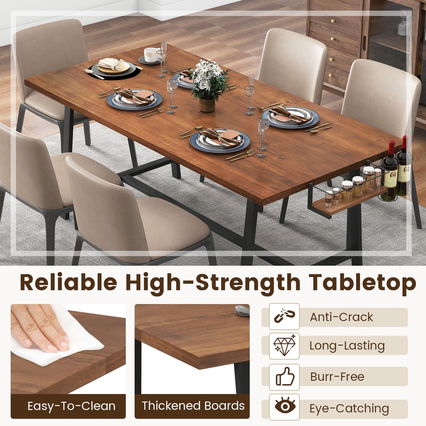 72 Inch Dining Table with Wine Rack and Storage Shelf, Seats 5 to 7, Modern Rectangular Design