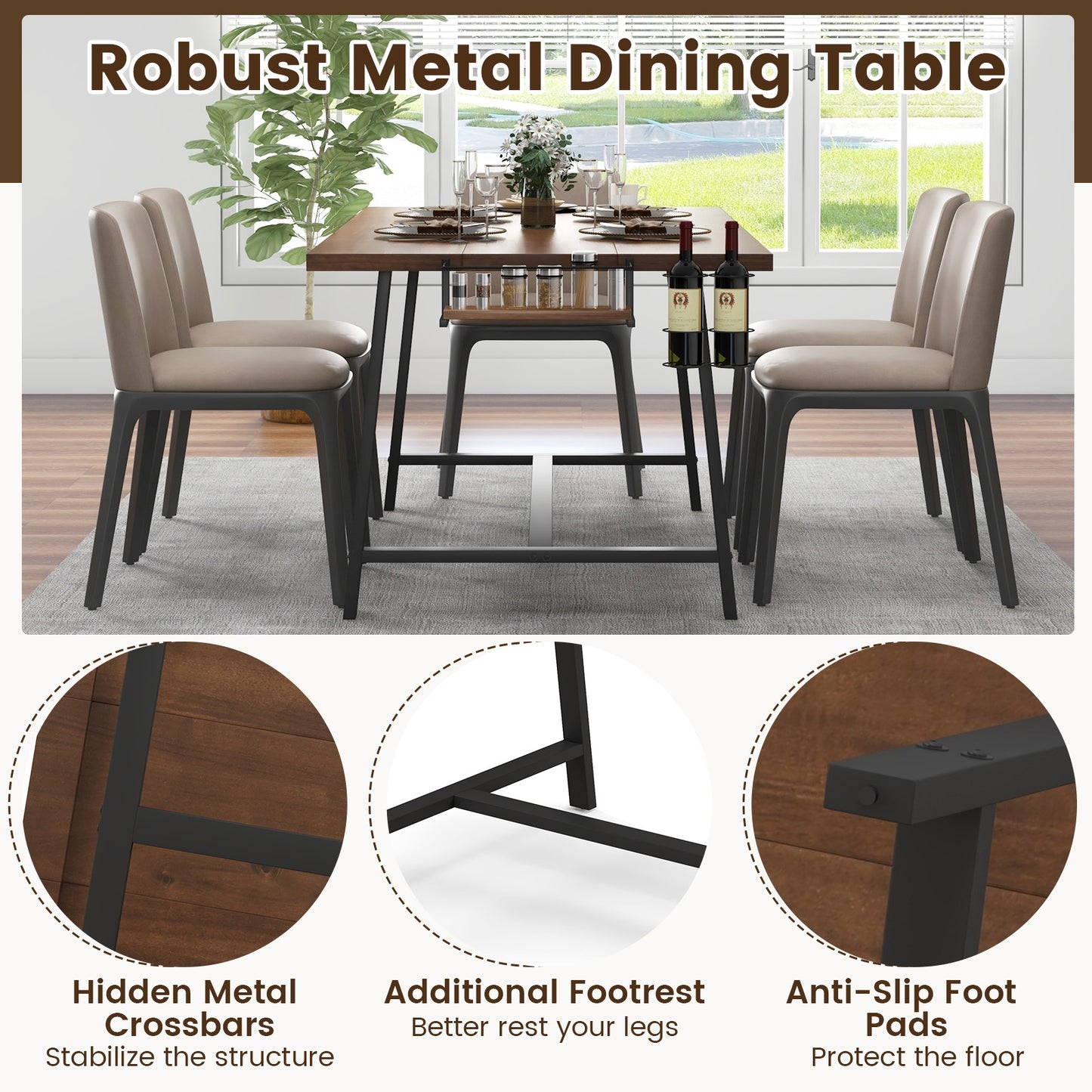 72 Inch Dining Table with Wine Rack and Storage Shelf, Seats 5 to 7, Modern Rectangular Design